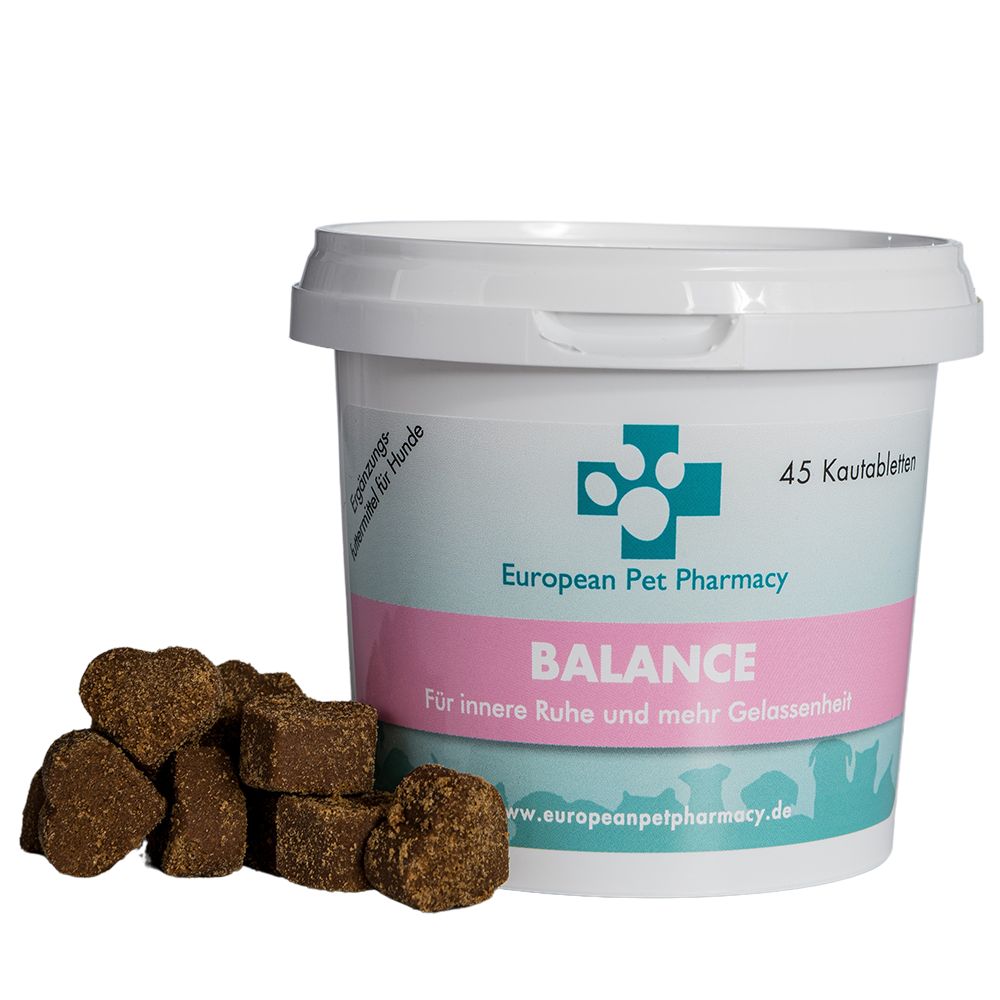 Eimer mit "Balance"-Tabletten. Rosa-weißes Etikett mit Logo und Text. Tabletten in Herzform daneben.