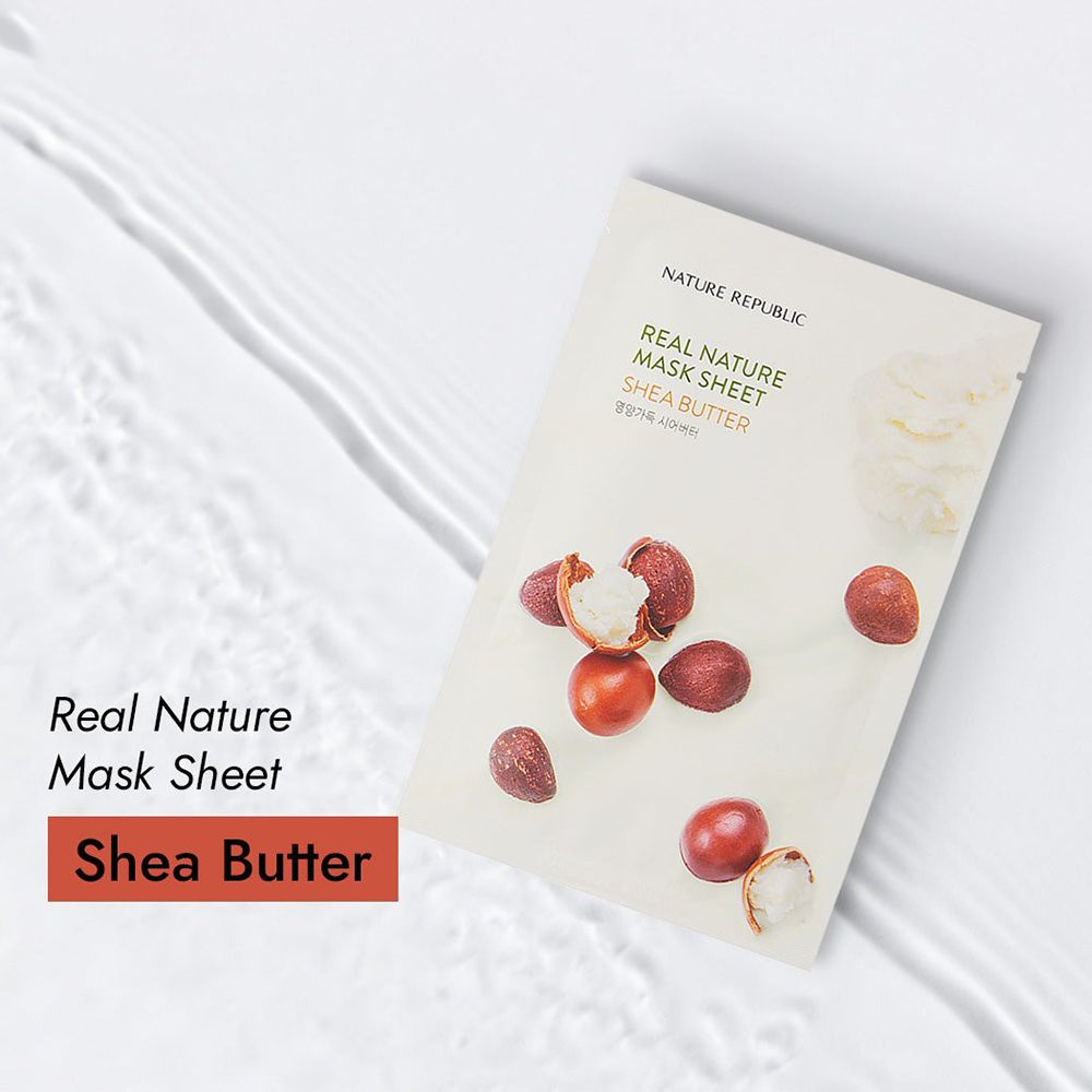 Gesichtsmaske mit Shea Butter. Weiße Verpackung mit Produktnamen und Logo. Auf weißem Hintergrund.