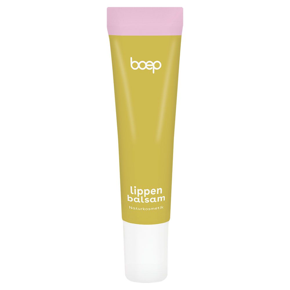 Gelbe Tube mit weißem und pinkem Verschluss, 'boep Lippenbalsam Naturkosmetik' Aufschrift.