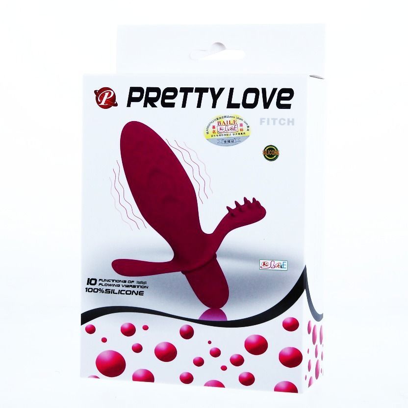 Verpackung von Pretty Love Fitch Vibrator. Weißer Karton mit Produktbild, Logo und Text. 100% Silikon.
