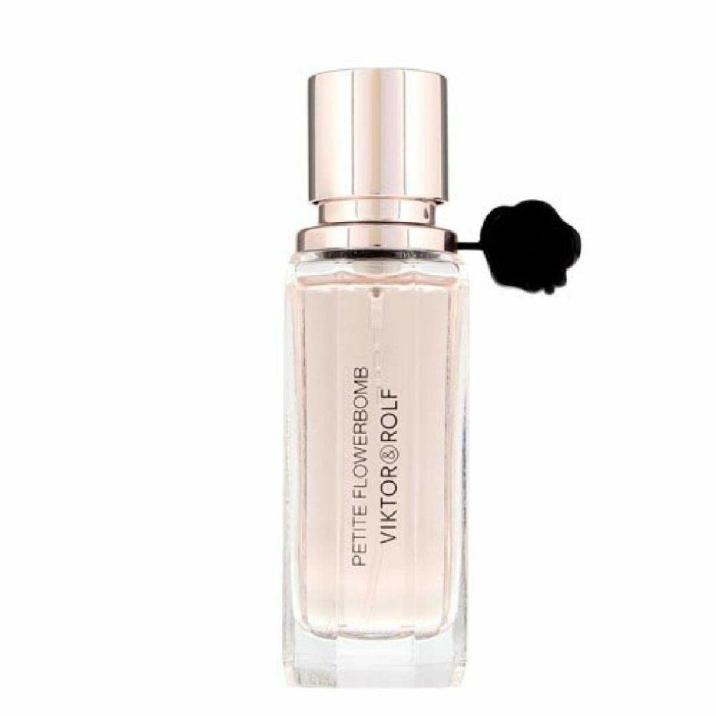 Blumiges Parfum in rechteckiger Glasflasche. Aufschrift: PETITE FLOWERBOMB, VIKTOR & ROLF. Schwarzer Verschluss.