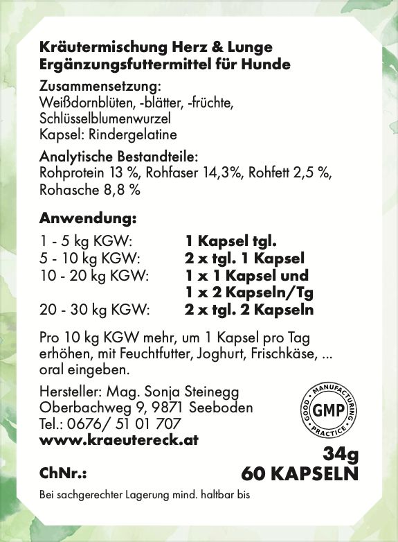 Etikett mit Text: Kräutermischung Herz & Lunge Ergänzungsfuttermittel für Hunde. Inhaltsstoffe, Anwendung, Hersteller, 60 Kapseln.