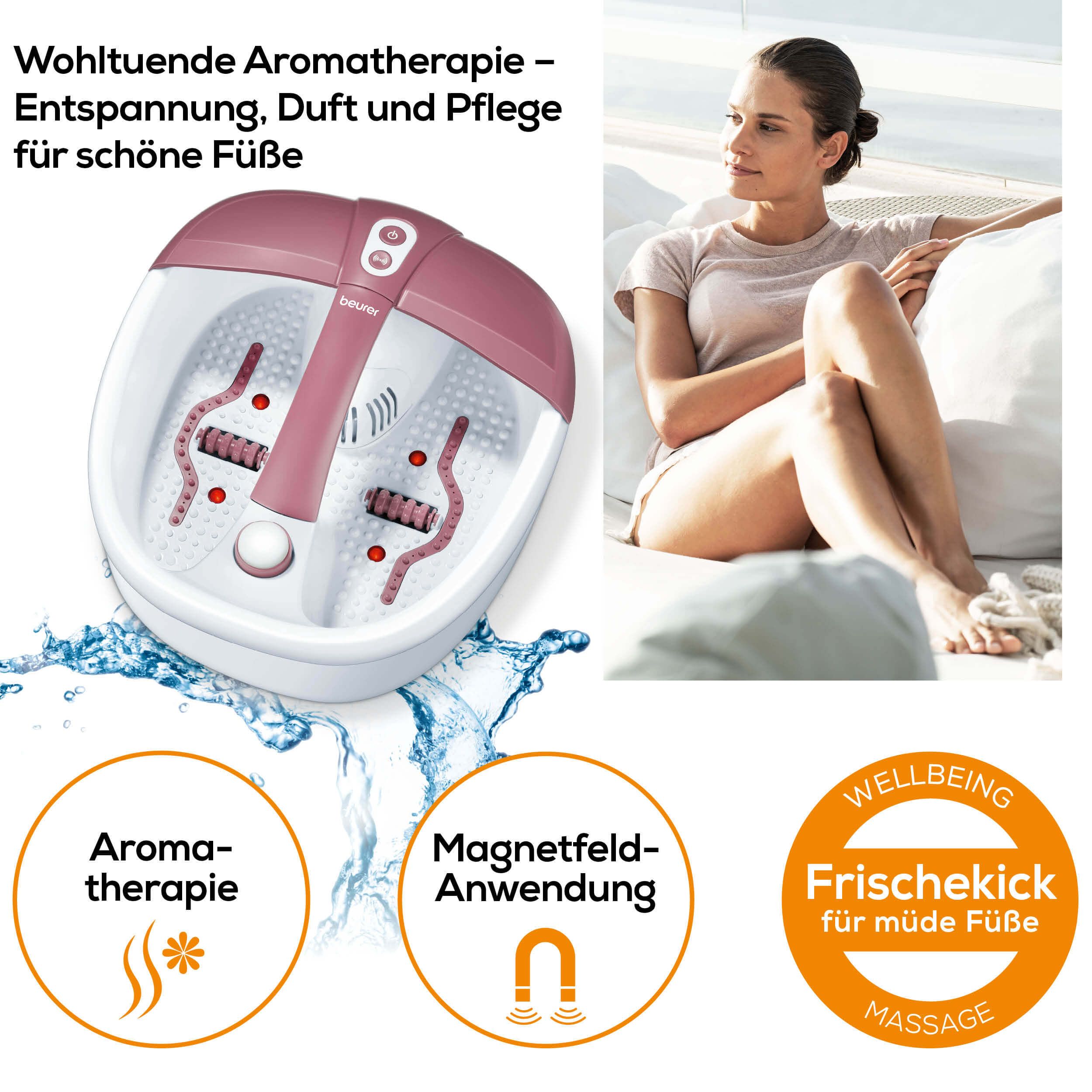 Fußsprudelbad, weiß-rosa, mit Rollen. Marke: beurer. Zusätzliche Elemente: Aromatherapie, Magnetfeldanwendung, Massage.