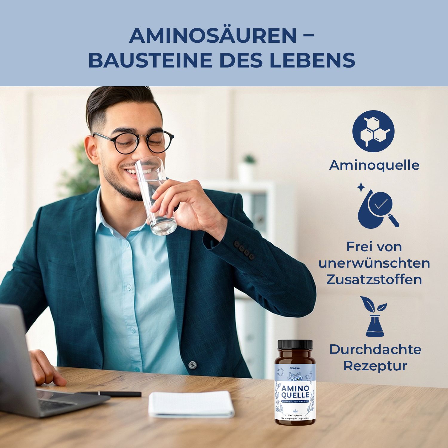 Mann trinkt Wasser, neben ihm eine Tabletteflasche. Aufschrift: AMINO QUELLE. Daneben Icons: Aminosäuren, frei von Zusatzstoffen, durchdachte Rezeptur.