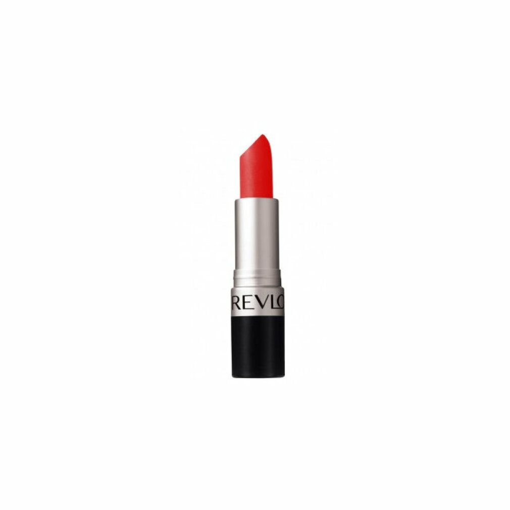 Revlon Lippenstift, orange. Silberfarbener Schaft, schwarzer Boden. Produktname sichtbar.