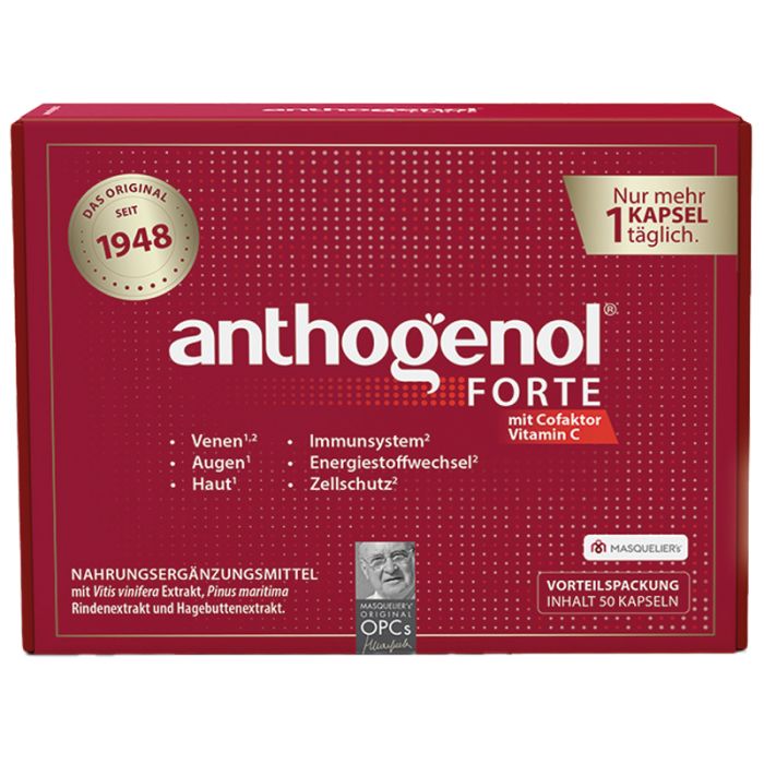 Rote Verpackung von Anthogenol Forte Kapseln. Enthält 50 Kapseln. Mit Vitamin C. Text: Nahrungsergänzungsmittel, seit 1948.