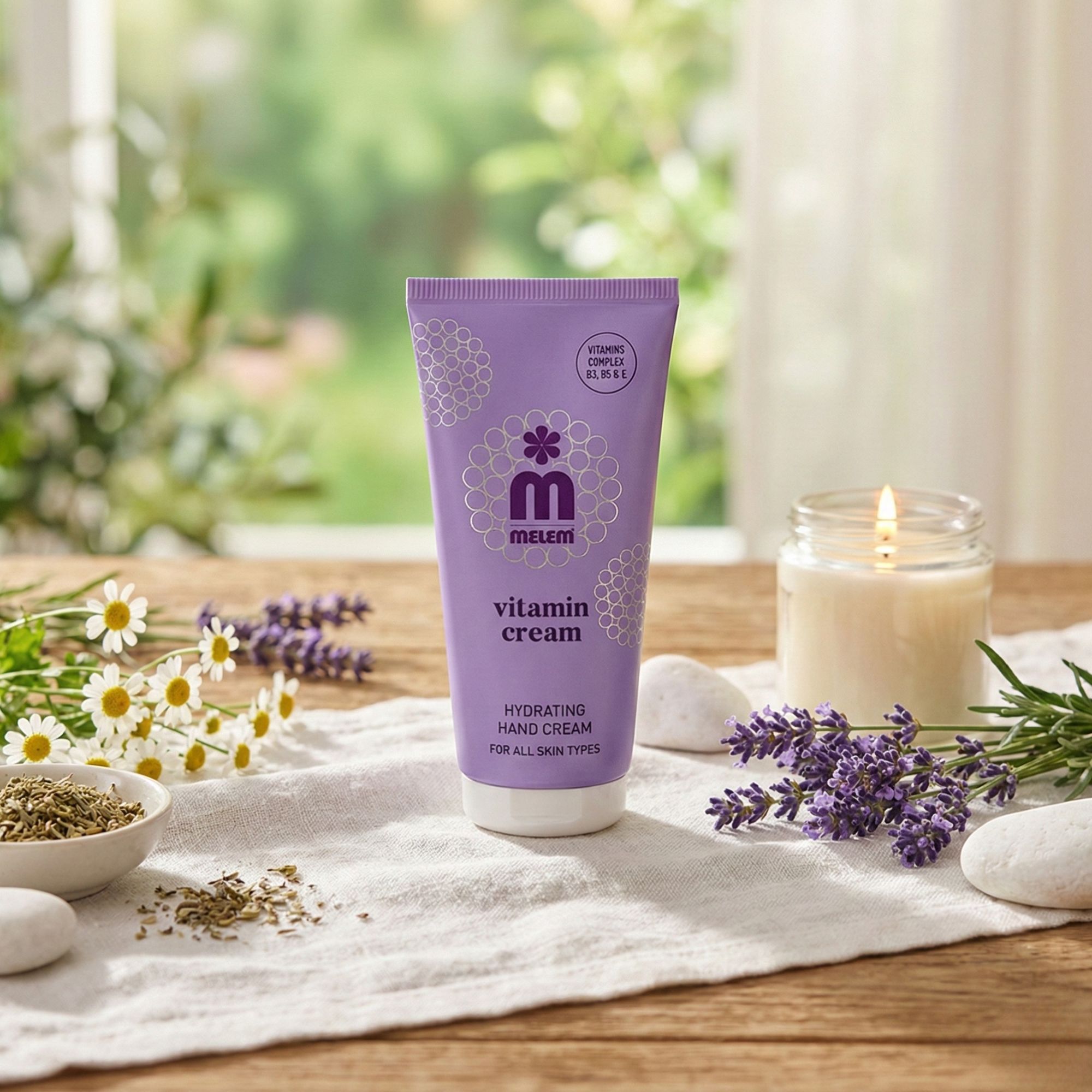 Lila Tube Melem Vitamin Handcreme auf einem Holztisch. Aufschrift: Vitamin Cream, Hydrating Hand Cream, für alle Hauttypen. Umgebung: Kerze, Blumen.