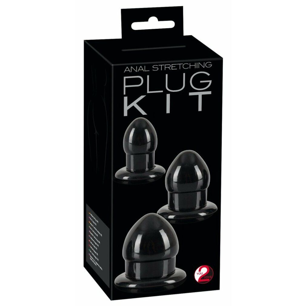 Schwarzes Anal-Stretching-Plug-Kit. Drei kegelförmige Plugs mit breiter Basis, in einer schwarzen Box verpackt.