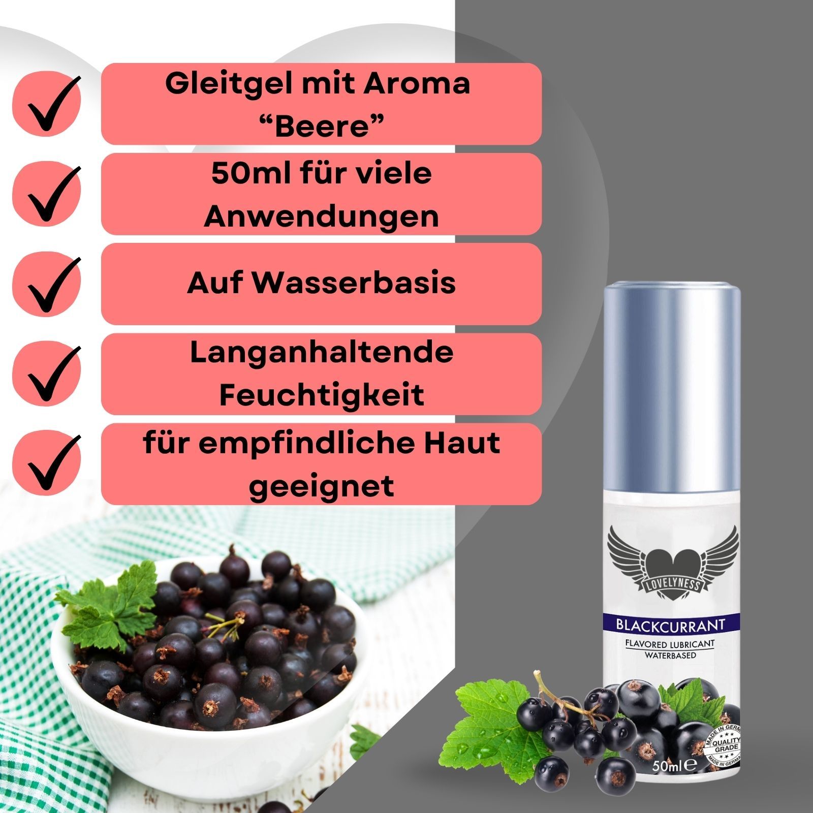 Gleitgel mit Aroma Beere. 50ml. Auf Wasserbasis. Lang anhaltende Feuchtigkeit. Für empfindliche Haut geeignet.