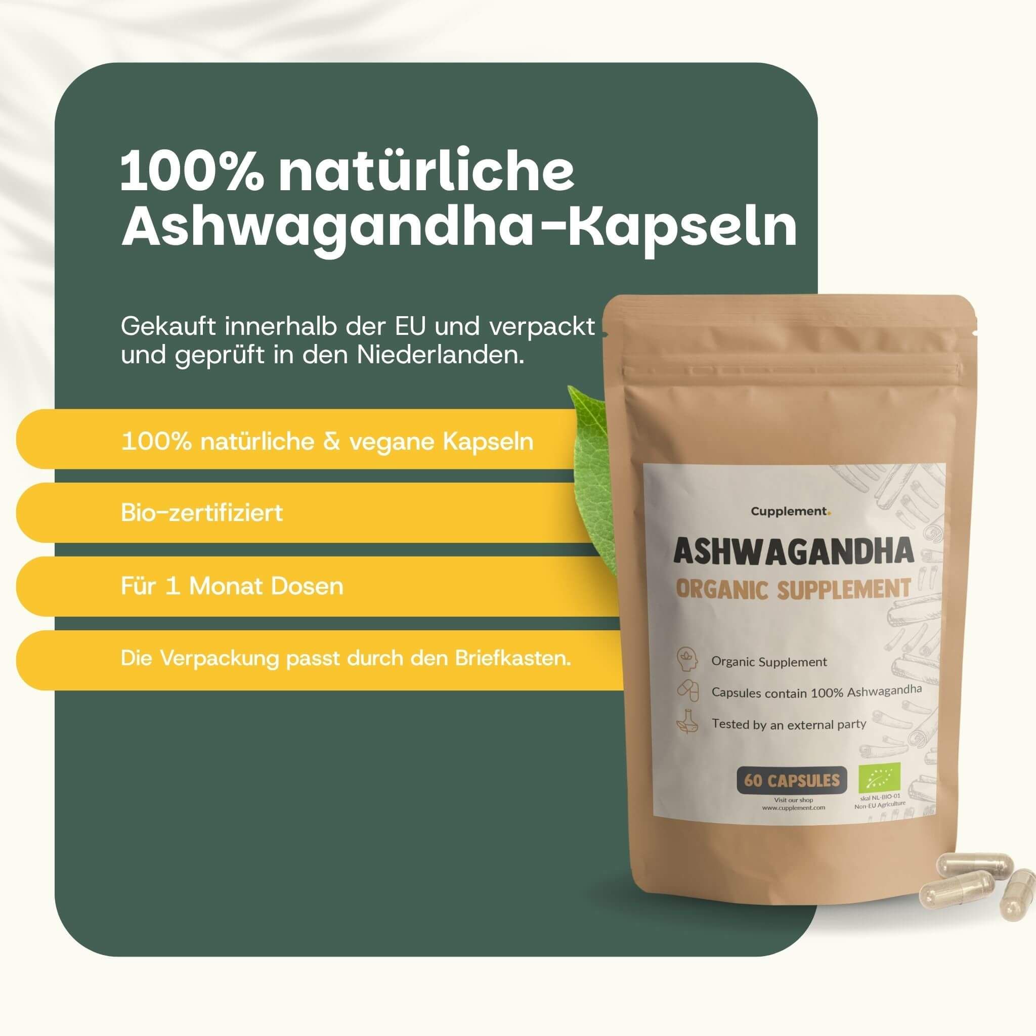Beutel mit Ashwagandha-Kapseln. Text: Ashwagandha Organic Supplement. 60 Kapseln. Gelbe Markierungen mit Text.