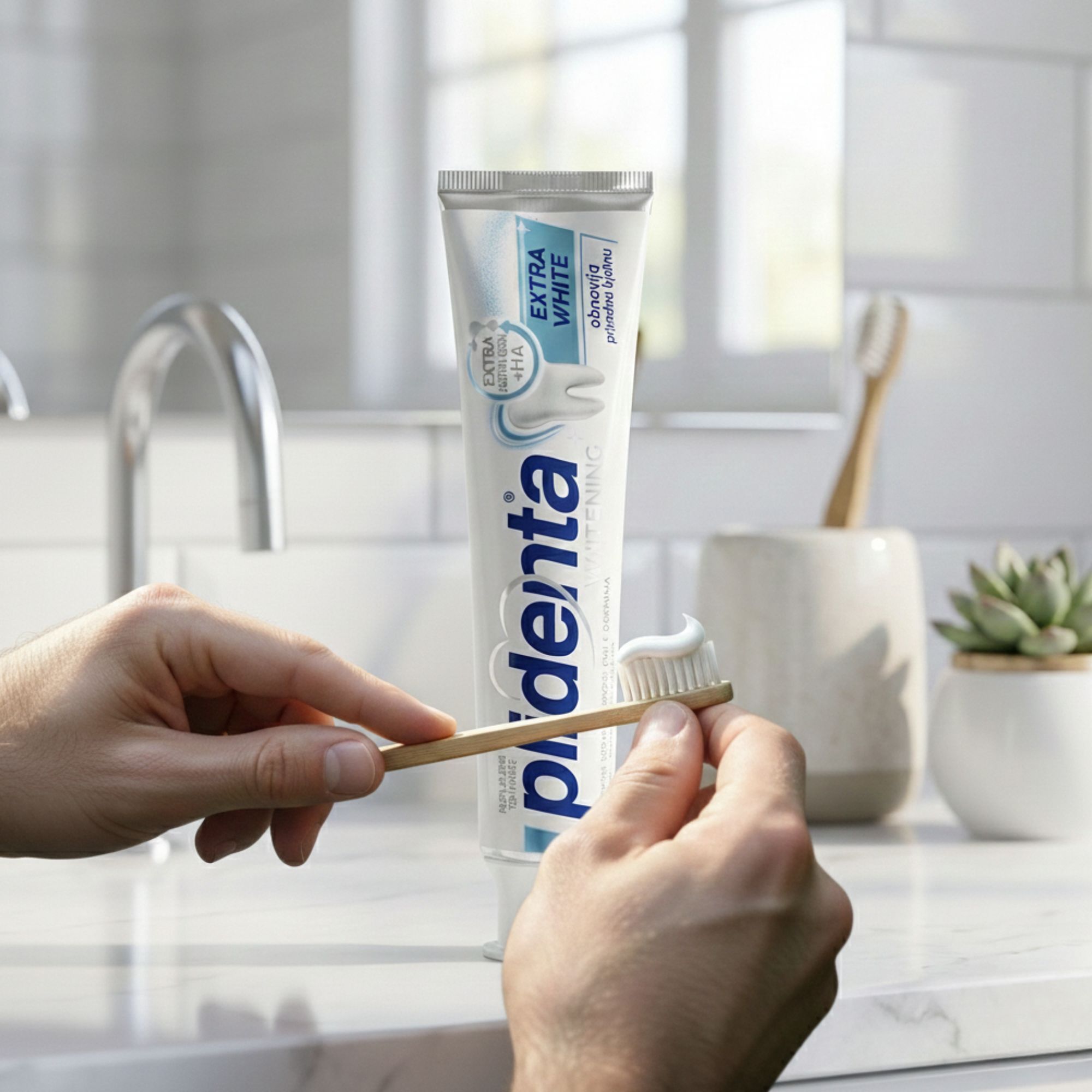 Person hält Zahnbürste mit Zahnpasta. Im Hintergrund: Waschbecken, Zahnbürste, Zahnpasta-Tube. Aufschrift: plidenta, EXTRA WHITE.