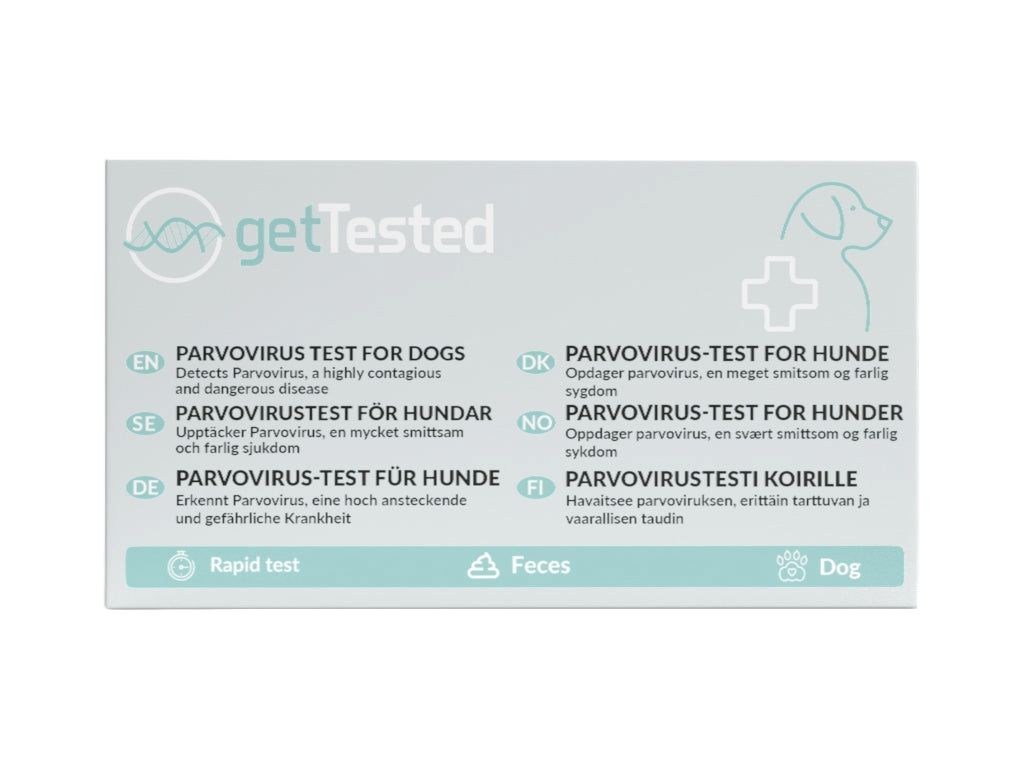 Testpackung mit Aufschrift 'getTested' und Texten in verschiedenen Sprachen. Enthält das Wort 'Kot' und eine Hunde-Silhouette.