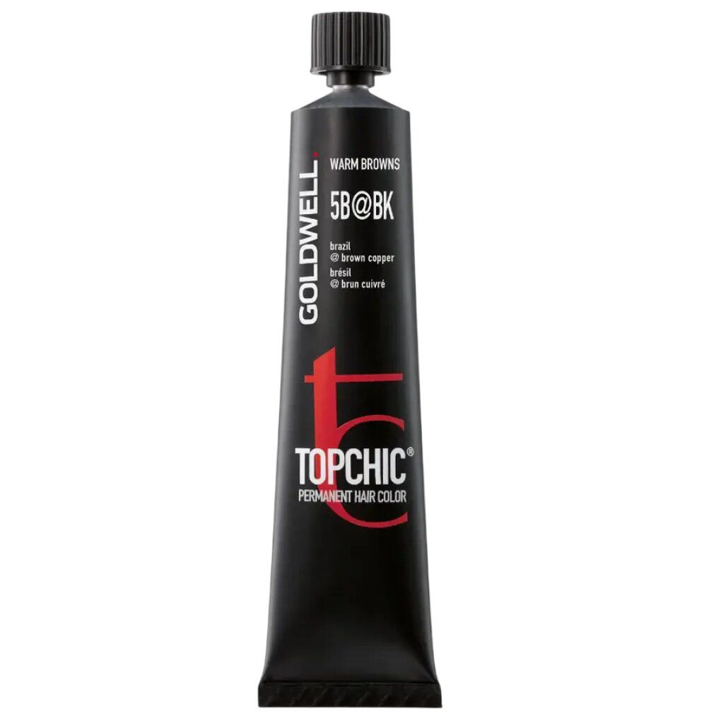 Haarfarbe Topchic #5B@bk, Tube. Goldwell-Logo. Text: Warm Browns, Brazil, Brown Copper, Braun Cuivré.