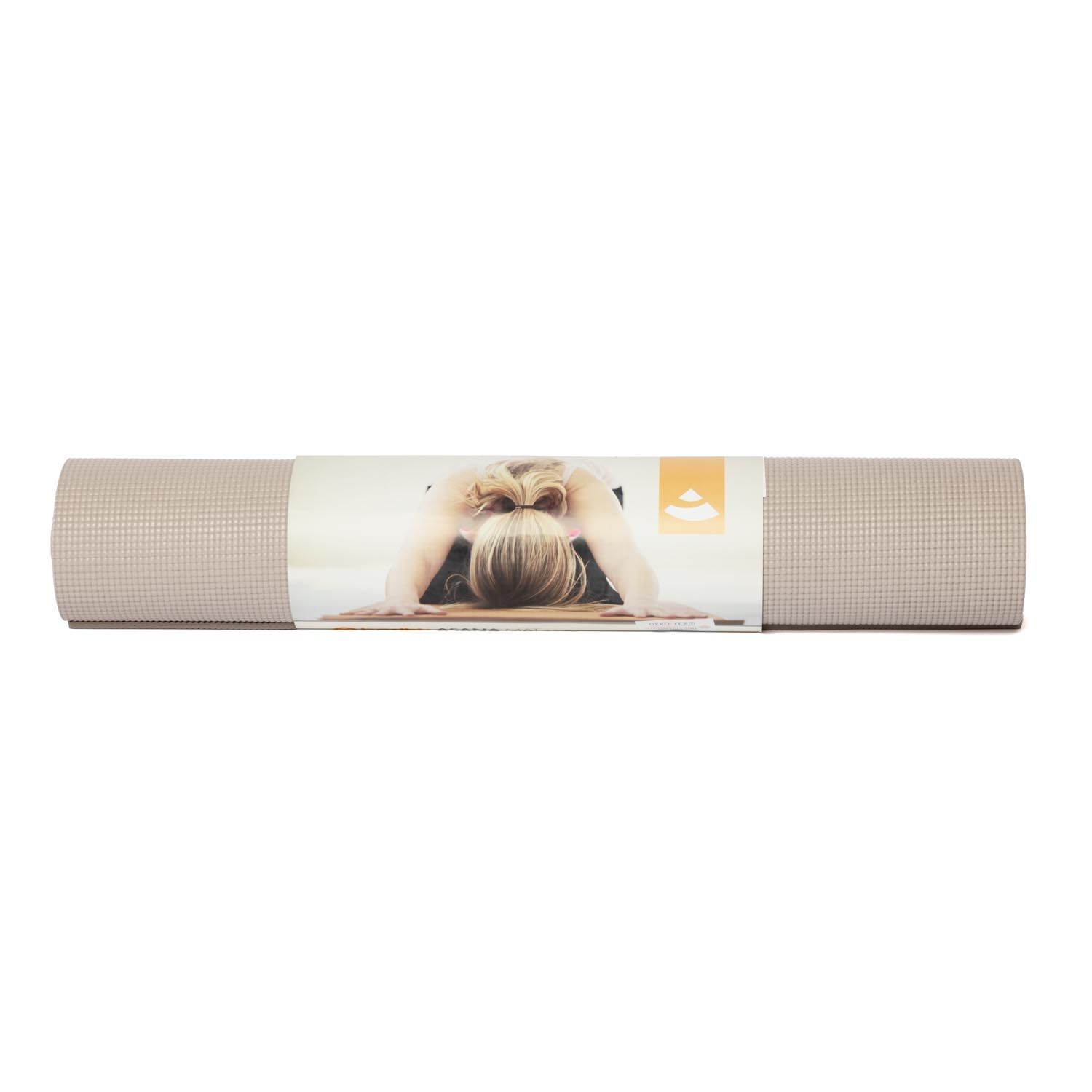 Gerollte Yogamatte mit Verpackung. Beige Matte, Person im Yoga-Posen abgebildet. Bodhi-Logo.