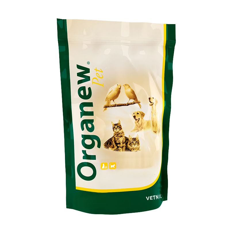 Verpackung mit Organew Pet. Abbildung von Vögeln, Hunden und Katzen. Grüner Rand, weißer Hintergrund. Schriftzug Organew Pet.