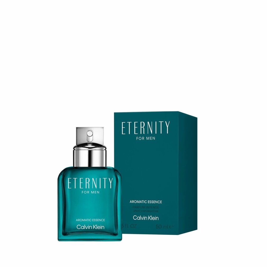 Türkisgrüner Flakon und Schachtel. Aufschrift: Eternity for Men, Aromatic Essence, Calvin Klein. Flakon mit silbernem Verschluss.