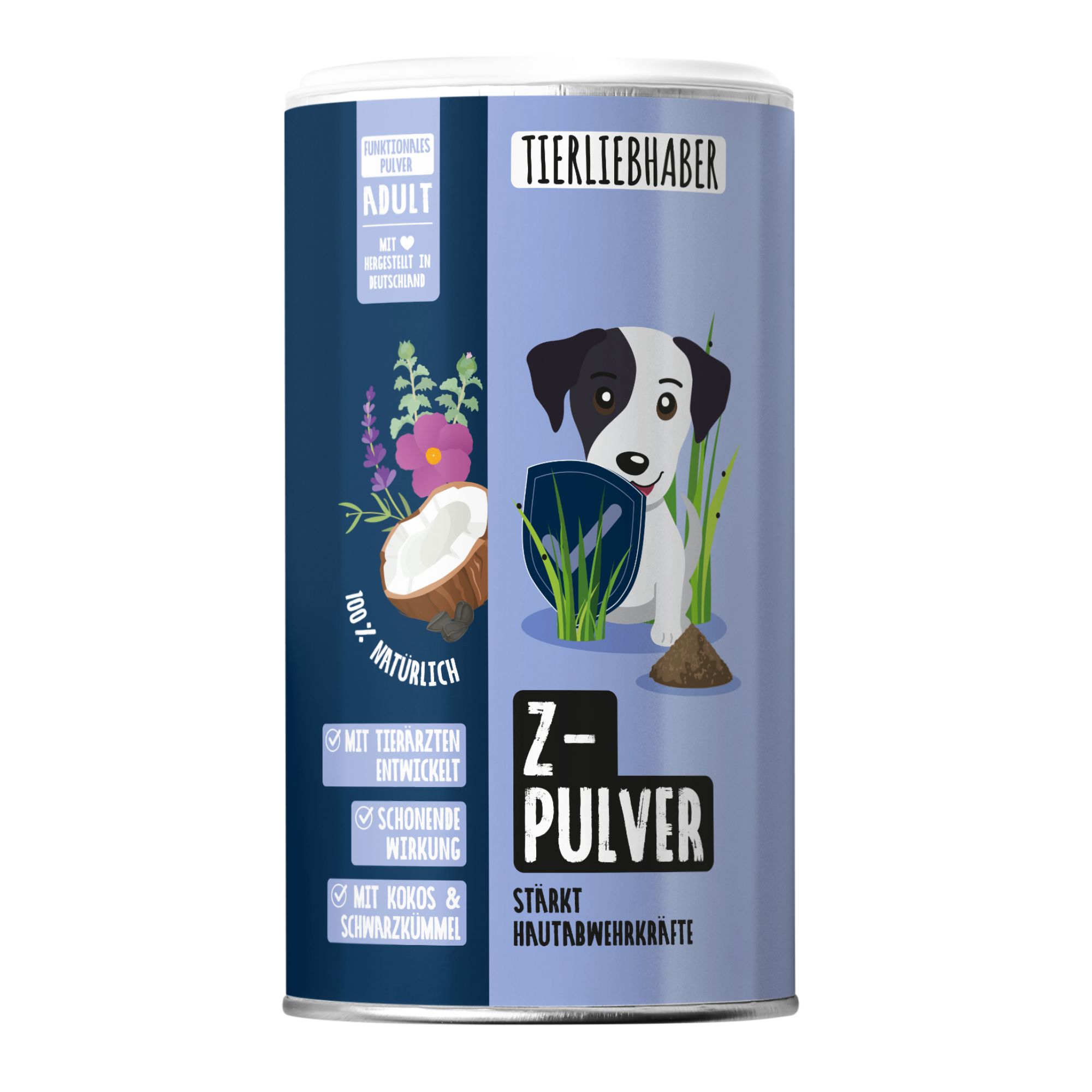 Zylinderdose mit Produktaufdruck. Aufdruck mit Hund, Kokos, Kräutern und Text. "TIERLIEBHABER Z-PULVER".