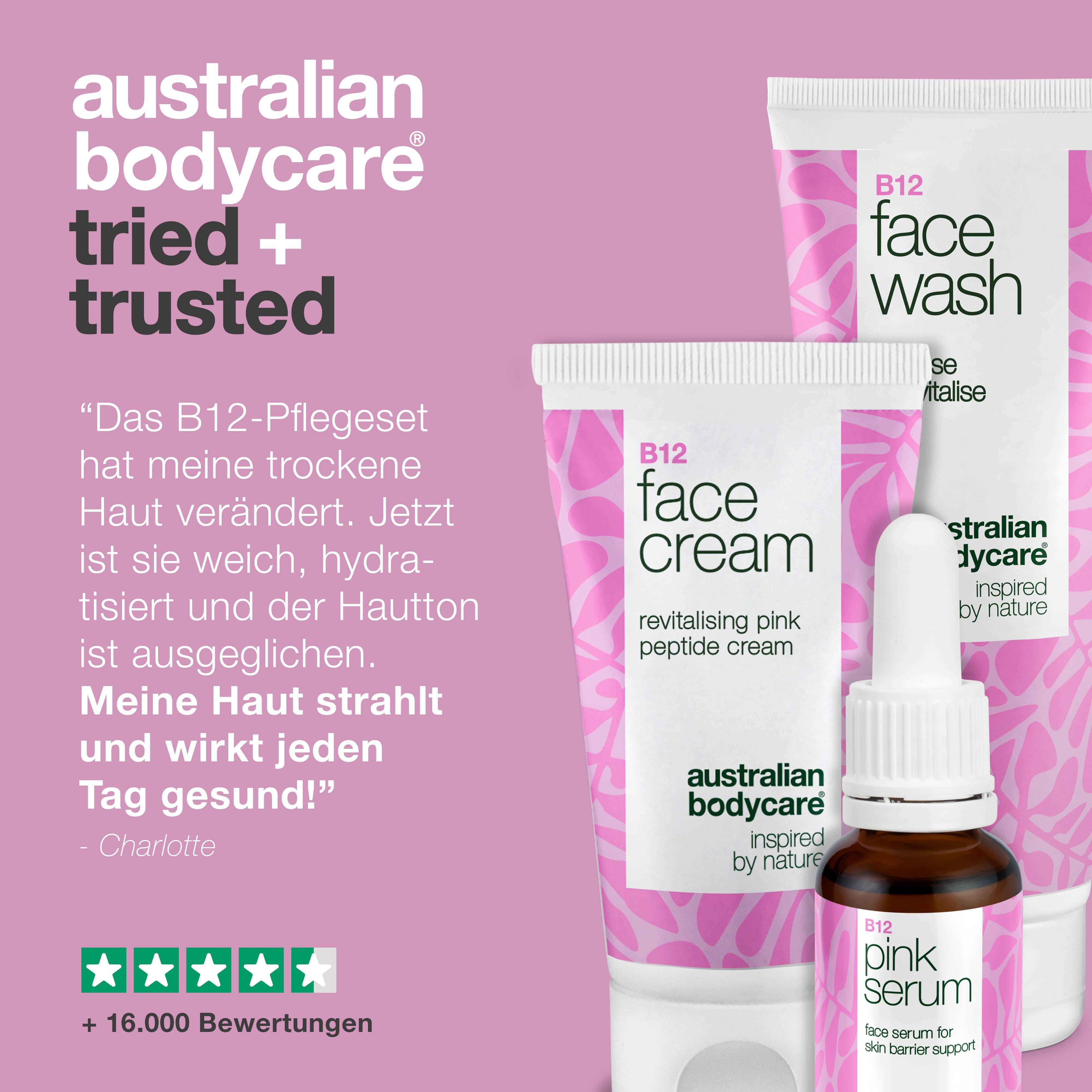 Pink Serum, Face Wash und Face Cream. Text: Getestet und genehmigt, 100% recyclebare Verpackung, hochwertige Inhaltsstoffe.