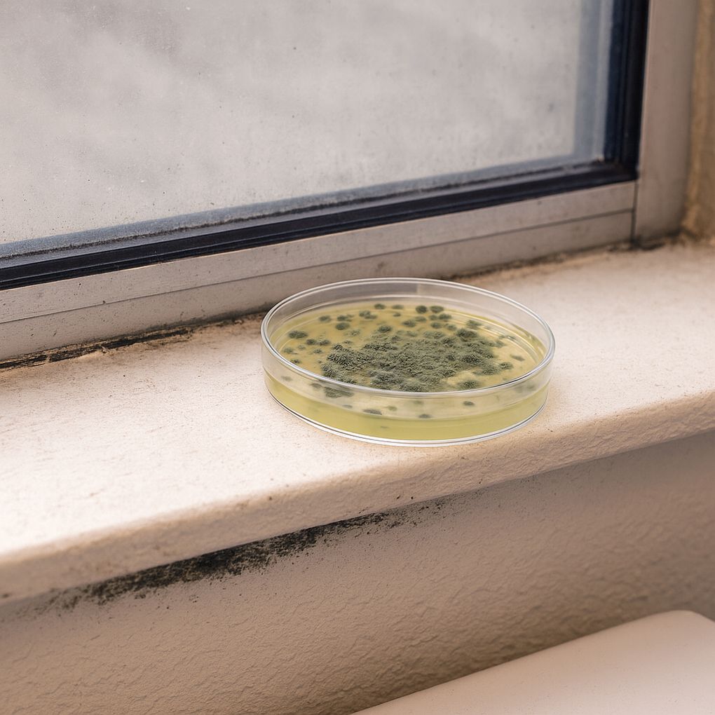 Petrischale mit Schimmelpilzkulturen auf Fensterbank. Runde, transparente Schale mit grünem Belag. Fensterrahmen im Hintergrund.