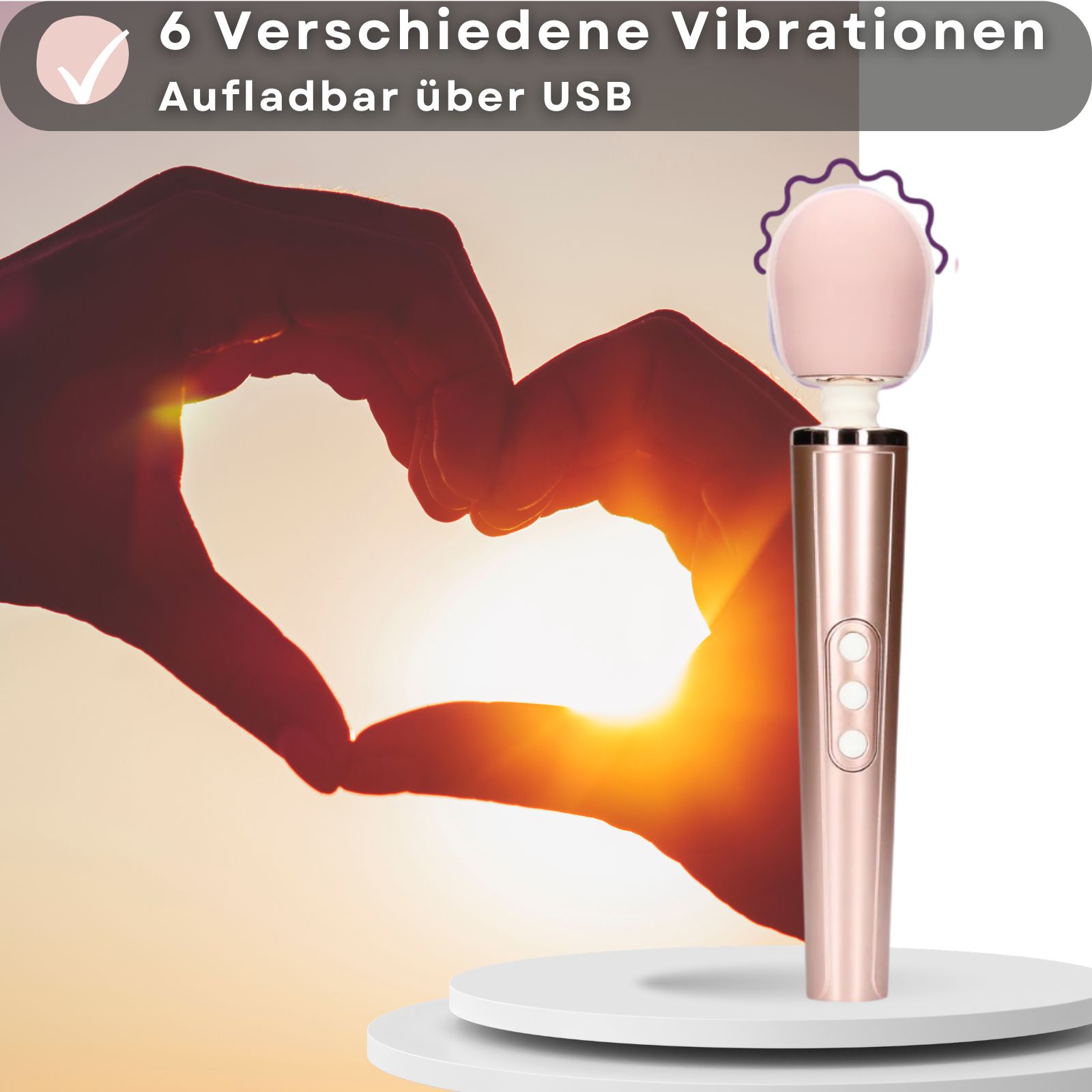 Vibrator, rosa. Text mit Eigenschaften: Vibrationen, 25 cm lang, USB-Aufladung, 6 Modi.