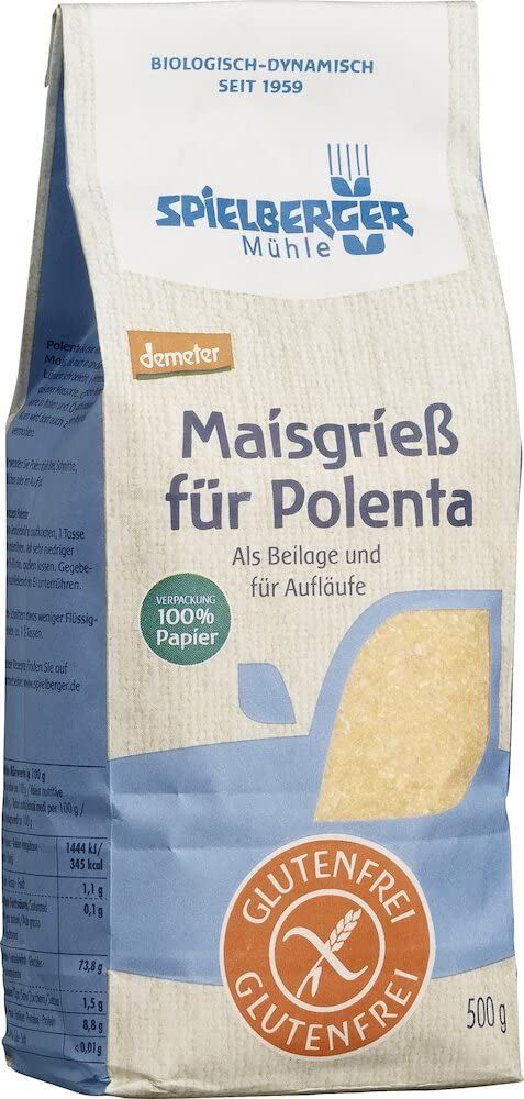 Spielberger Maisgrieß für Polenta, glutenfrei, 500g Packung mit Nährwertangaben.