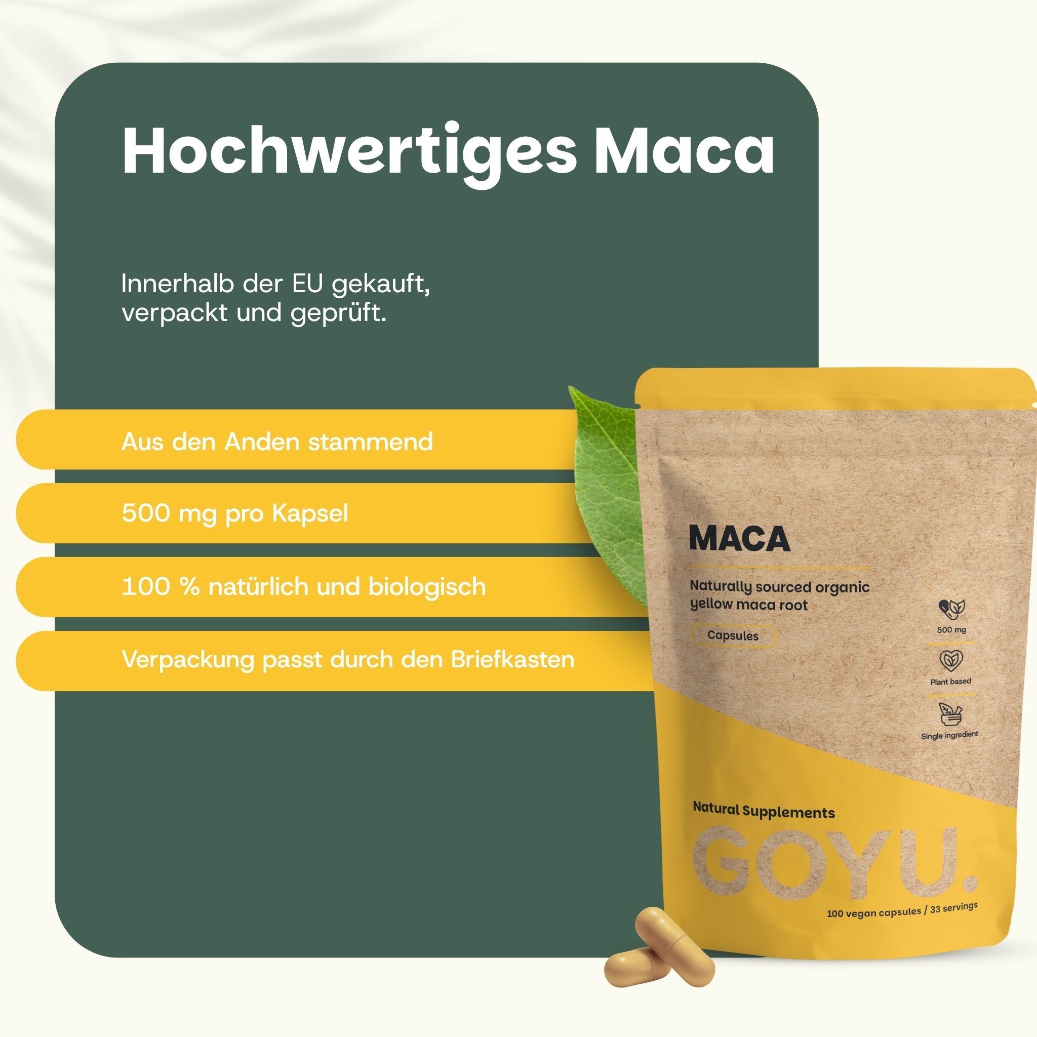 Hochwertiges Maca-Pulver in Kapselform, 500 mg pro Kapsel, natürlich und biologisch.