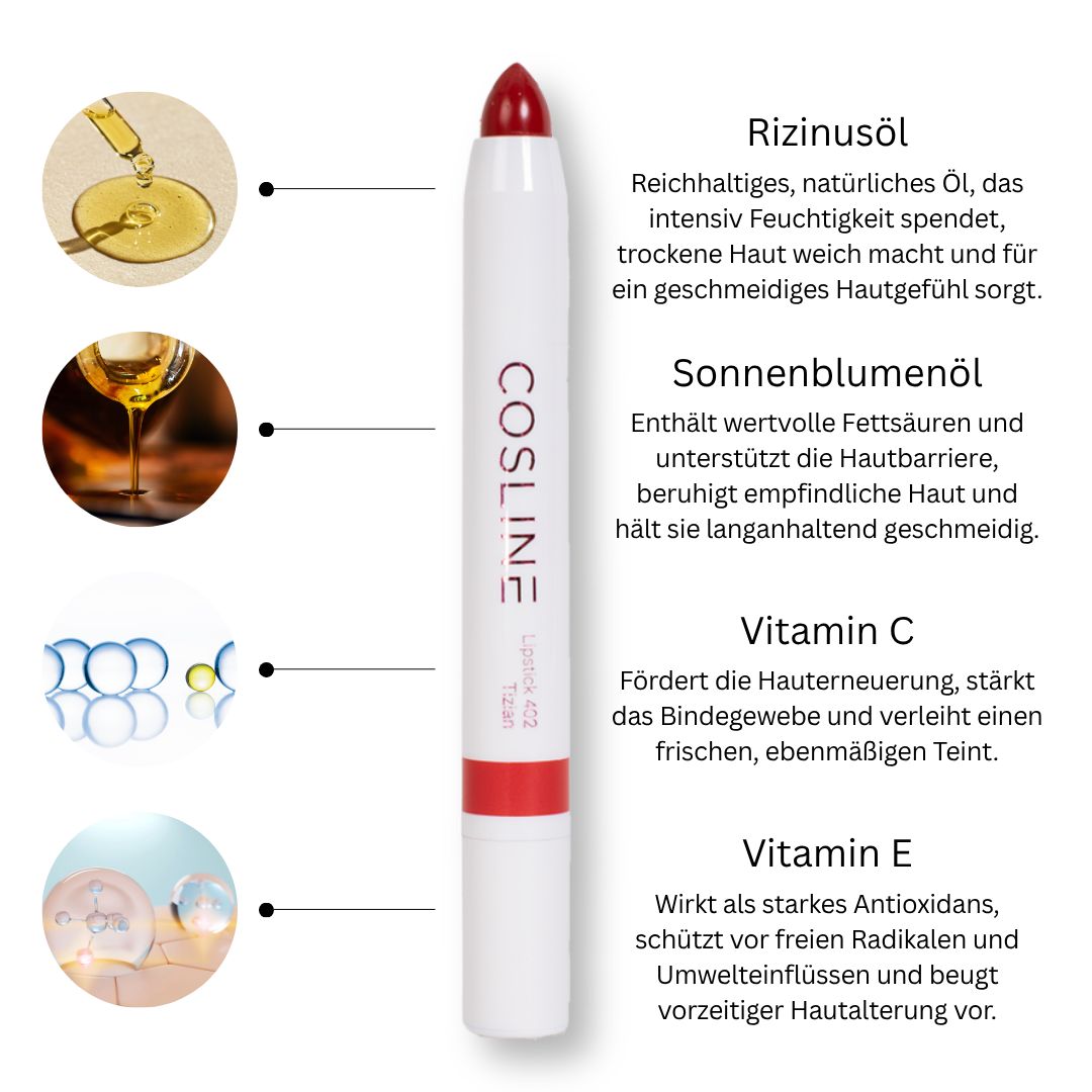 Cosline Lippenstift mit roter Spitze und weißer Hülle. Text: Rizinusöl, Sonnenblumenöl, Vitamin C, Vitamin E. Auf weißem Hintergrund.