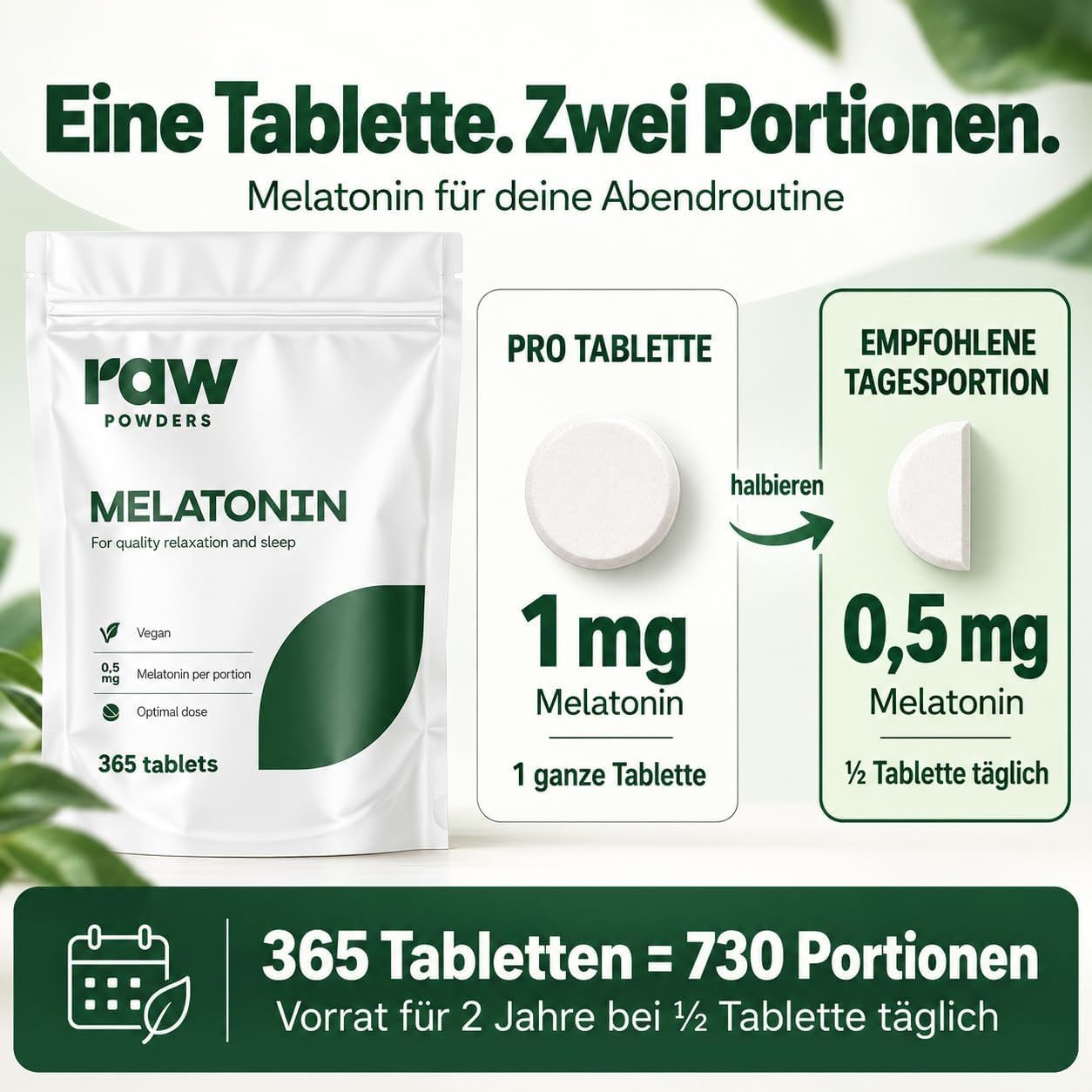 Eine Packung Raw Powders Melatonin, 365 Tabletten. Vegan, 0,5 mg Melatonin pro Portion. Für Entspannung und Schlaf.