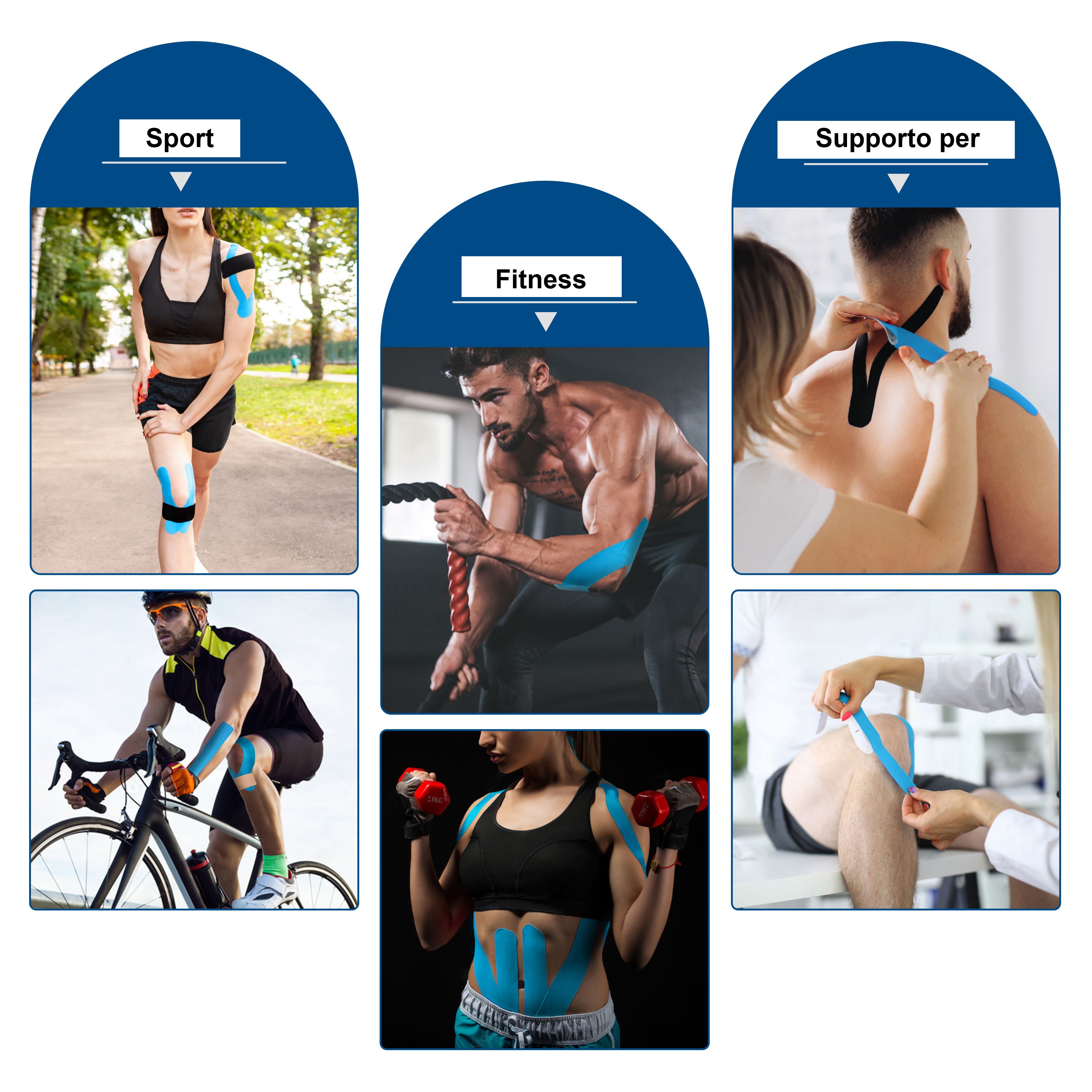 Mehrere Bilder zeigen Personen, die blaues Kinesiologie-Tape an verschiedenen Körperstellen verwenden, darunter Knie, Schultern und Arme. Szenen zeigen Sport, Fitness und Unterstützung.