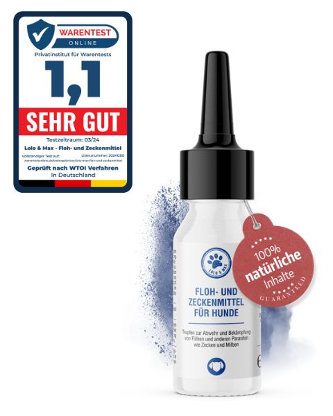 Tropfenflasche für Hunde mit Zertifikat. Weißes Fläschchen mit schwarzem Verschluss und rotem Anhänger. Aufschrift: Floh- und Zeckenmittel für Hunde.