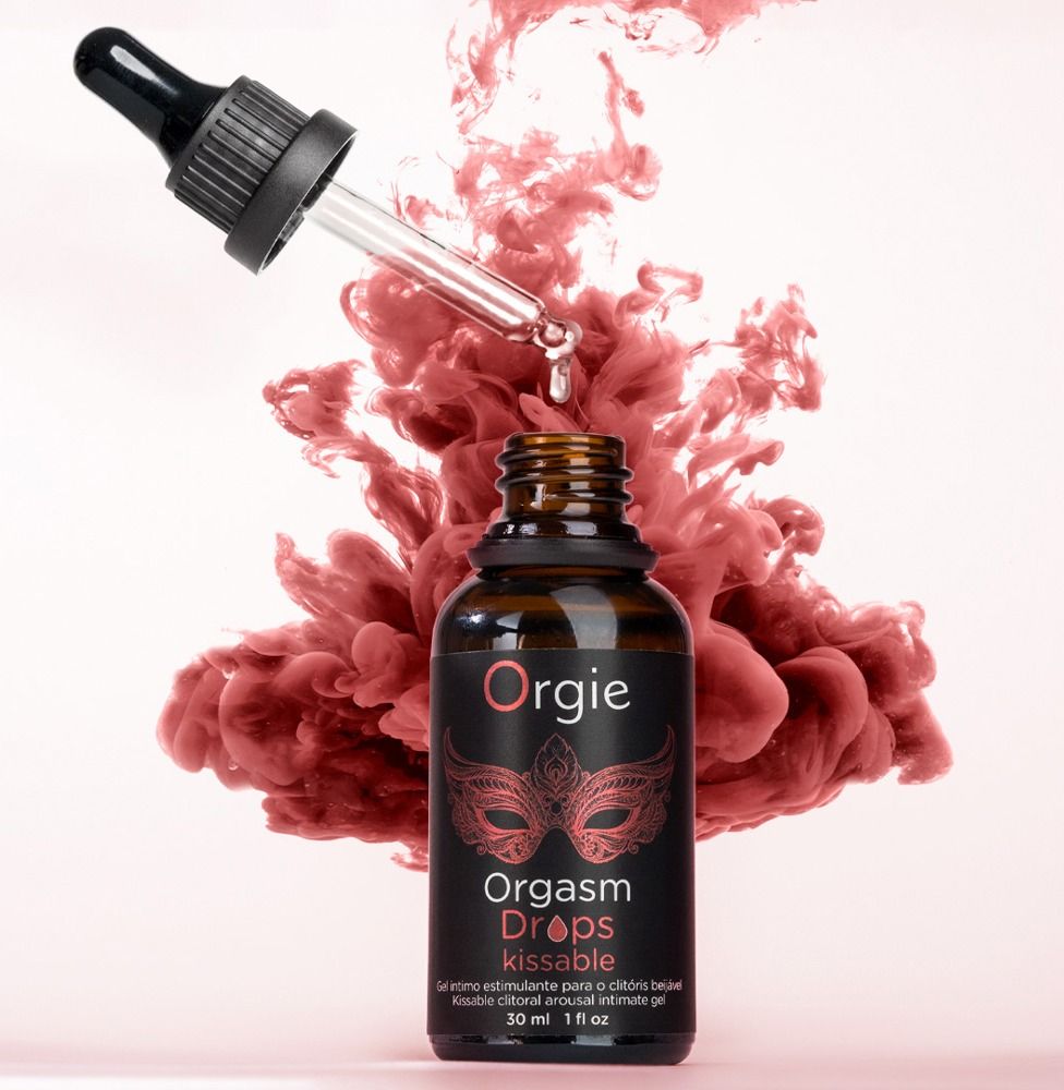 Orgie Orgasm Drops Kissable Flasche mit Pipette, rote Rauchwolke.