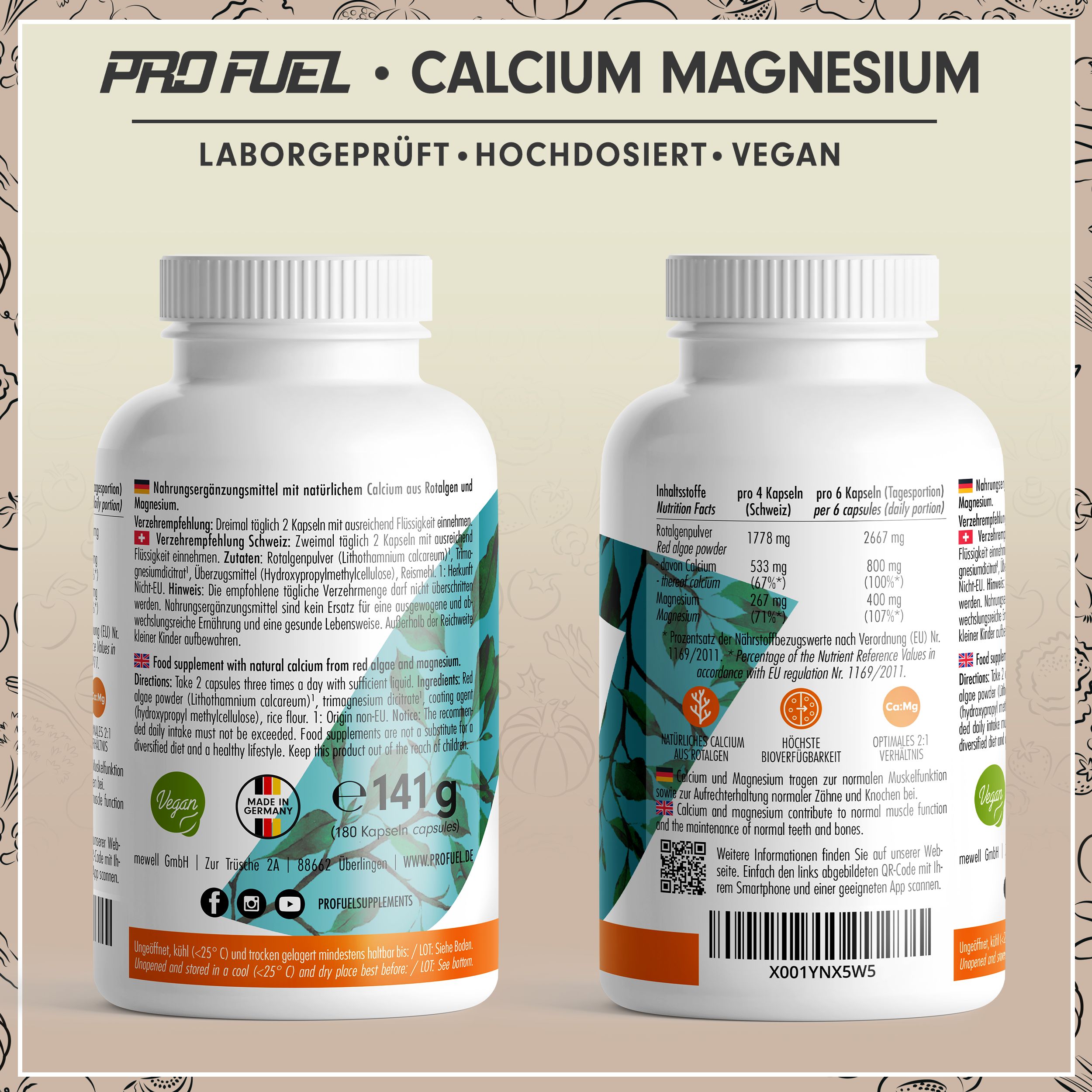 Zwei Flaschen ProFuel Calcium Magnesium. Enthält Informationen zu Inhaltsstoffen, Nährwerten und Anwendungshinweisen.