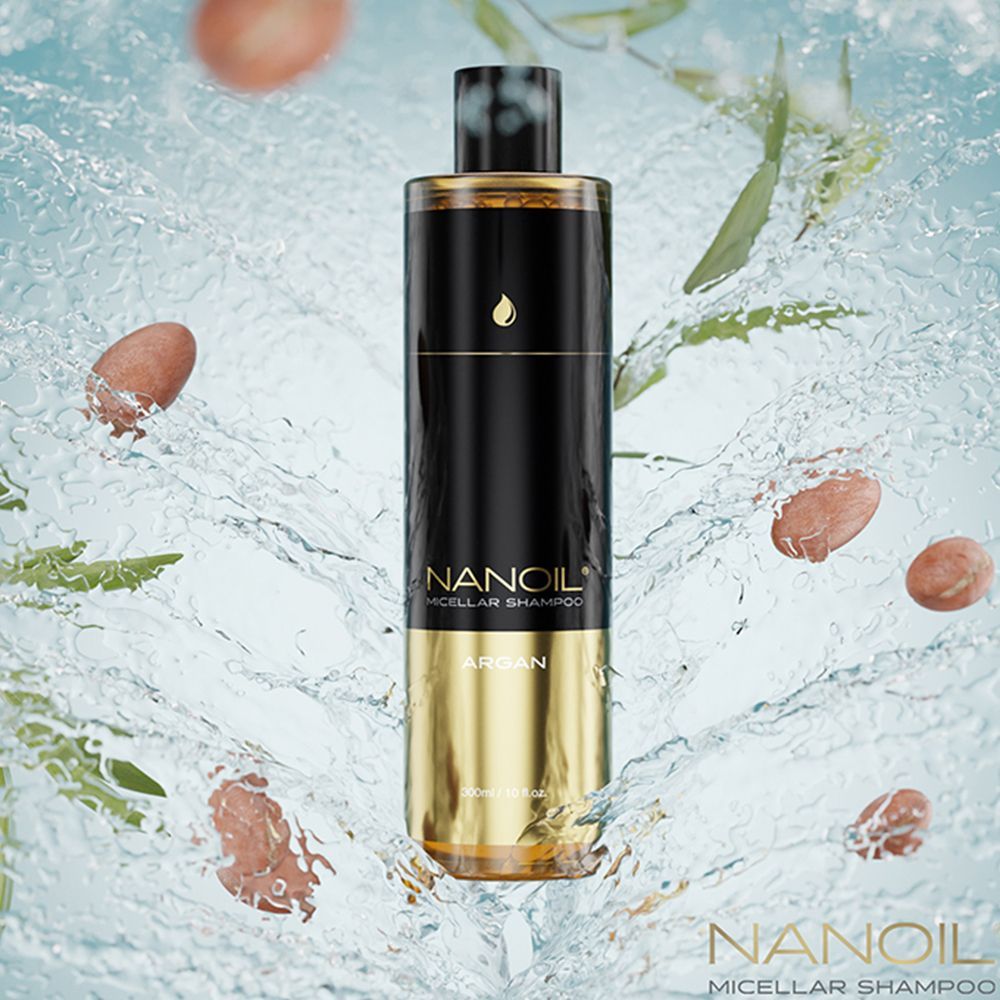 Schwarze Flasche mit goldenem Boden, Nanoil Micellar Shampoo Argan, 500ml.