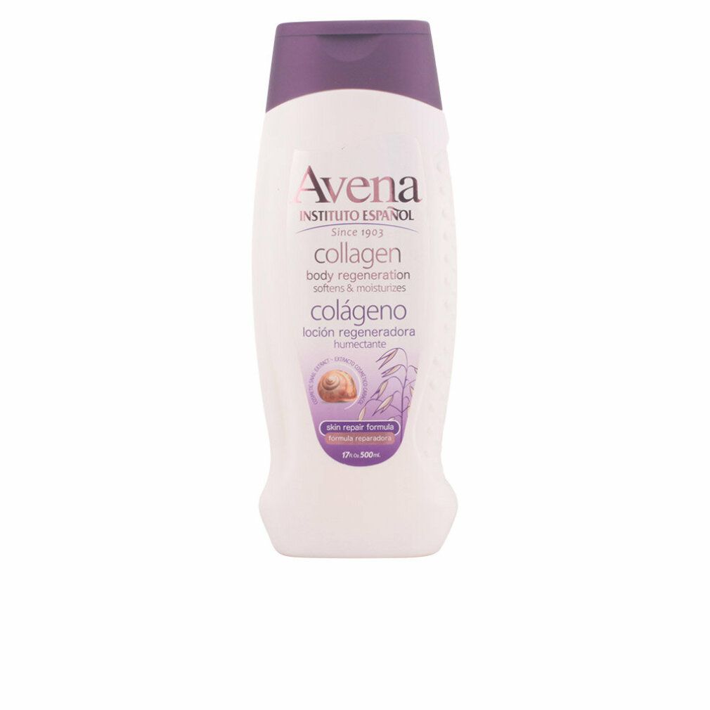 Weiß-lila Flasche Instituto Español Collagen Body Lotion. Text: Colágeno, body regeneration, skin repair formula. 500ml.