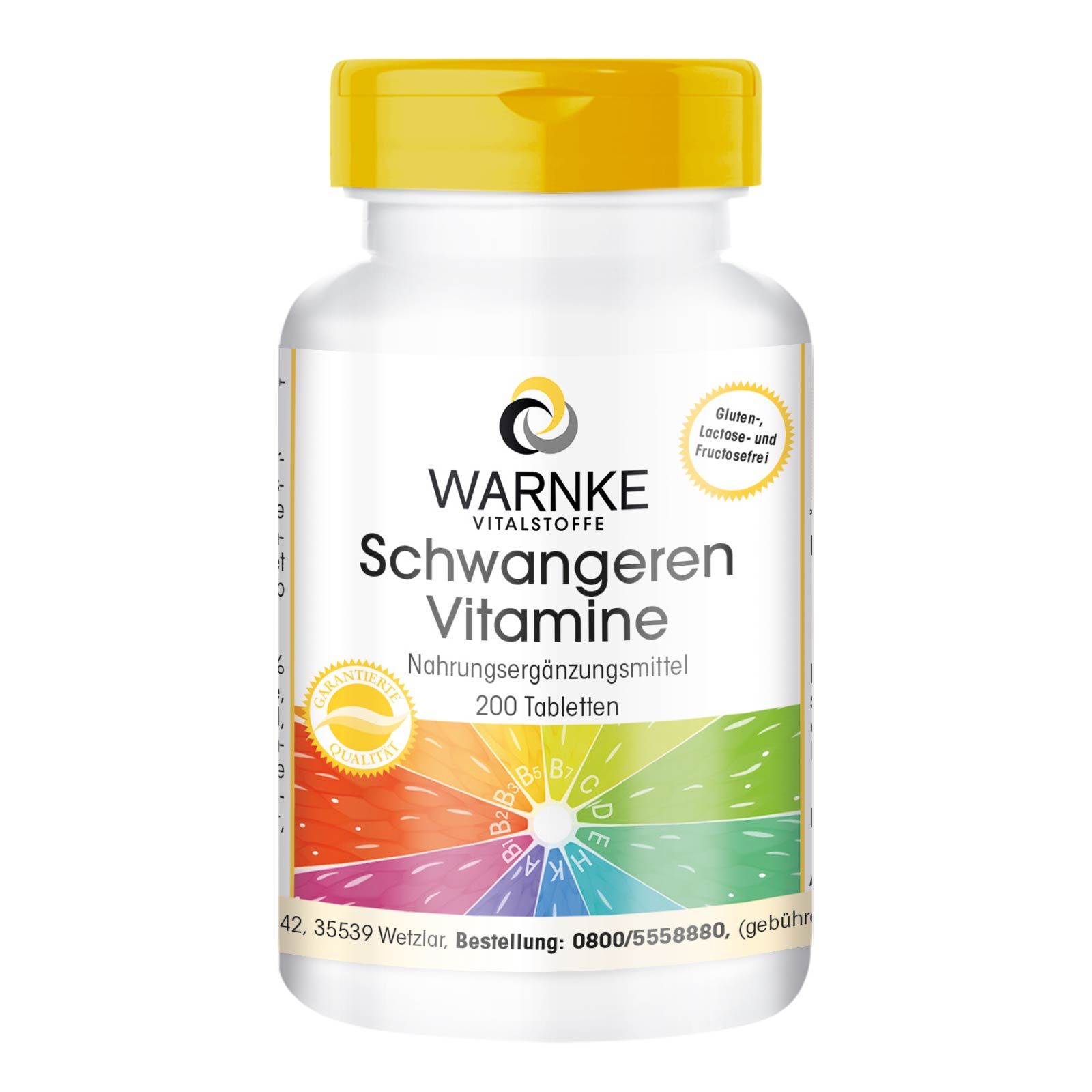 Weißes Pillenfläschchen mit gelbem Deckel. Aufschrift: Warnke Vitalstoffe, Schwangeren Vitamine. 200 Tabletten.