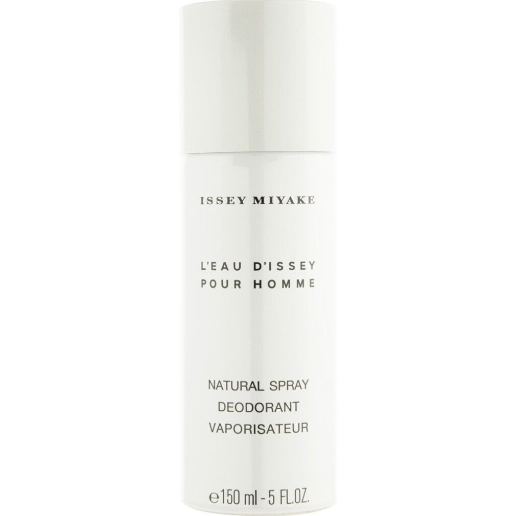 Weißer Deospray von Issey Miyake. Text: L'Eau d'Issey Pour Homme, Natural Spray Deodorant, Vaporisateur. Flasche mit Deckel.