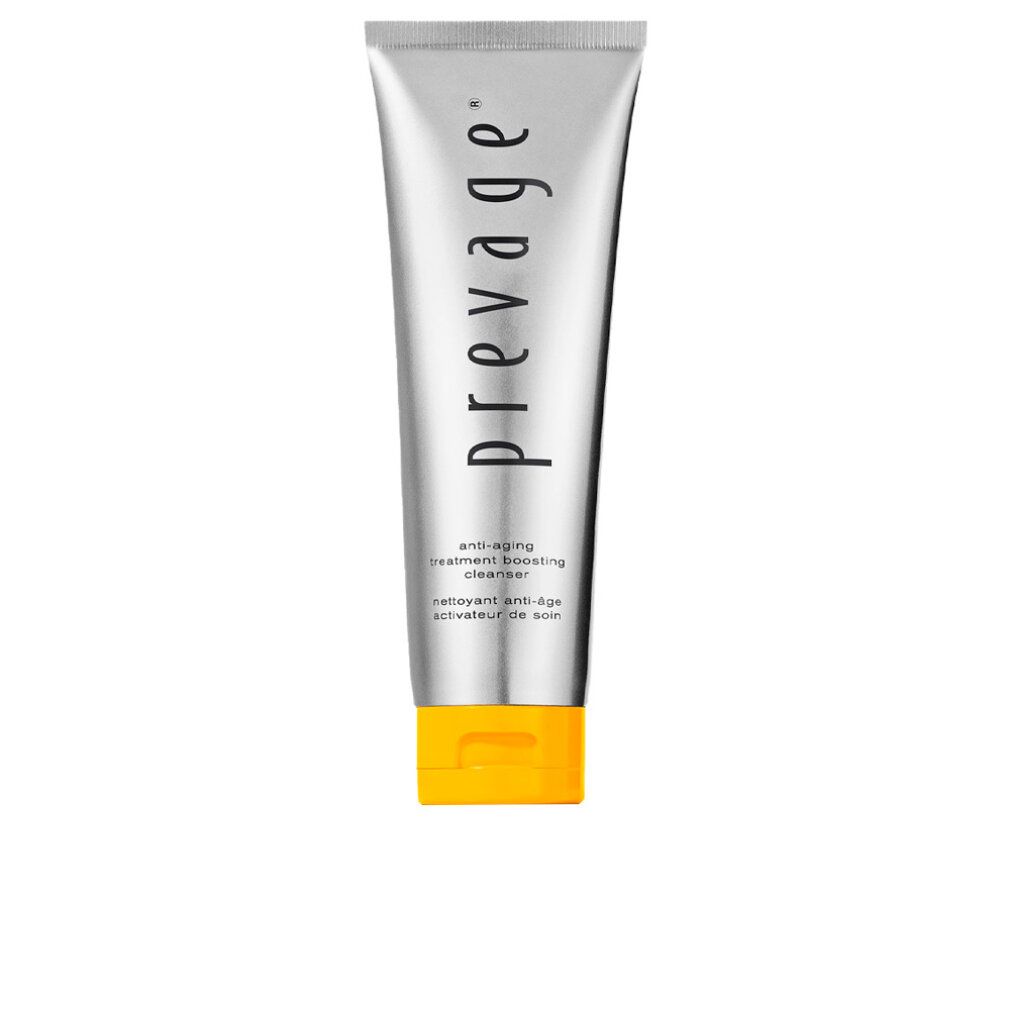 Silberne Tube mit gelbem Klappdeckel. Prevage Anti-Aging Boosting Cleanser Aufschrift.