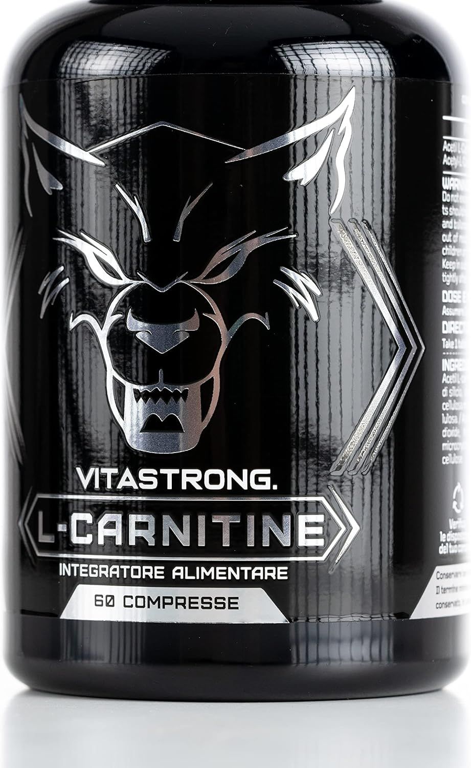 Vitastrong L-Carnitin, 60 Tabletten. Schwarze Flasche mit Wolfslogo. Silberne Schrift.