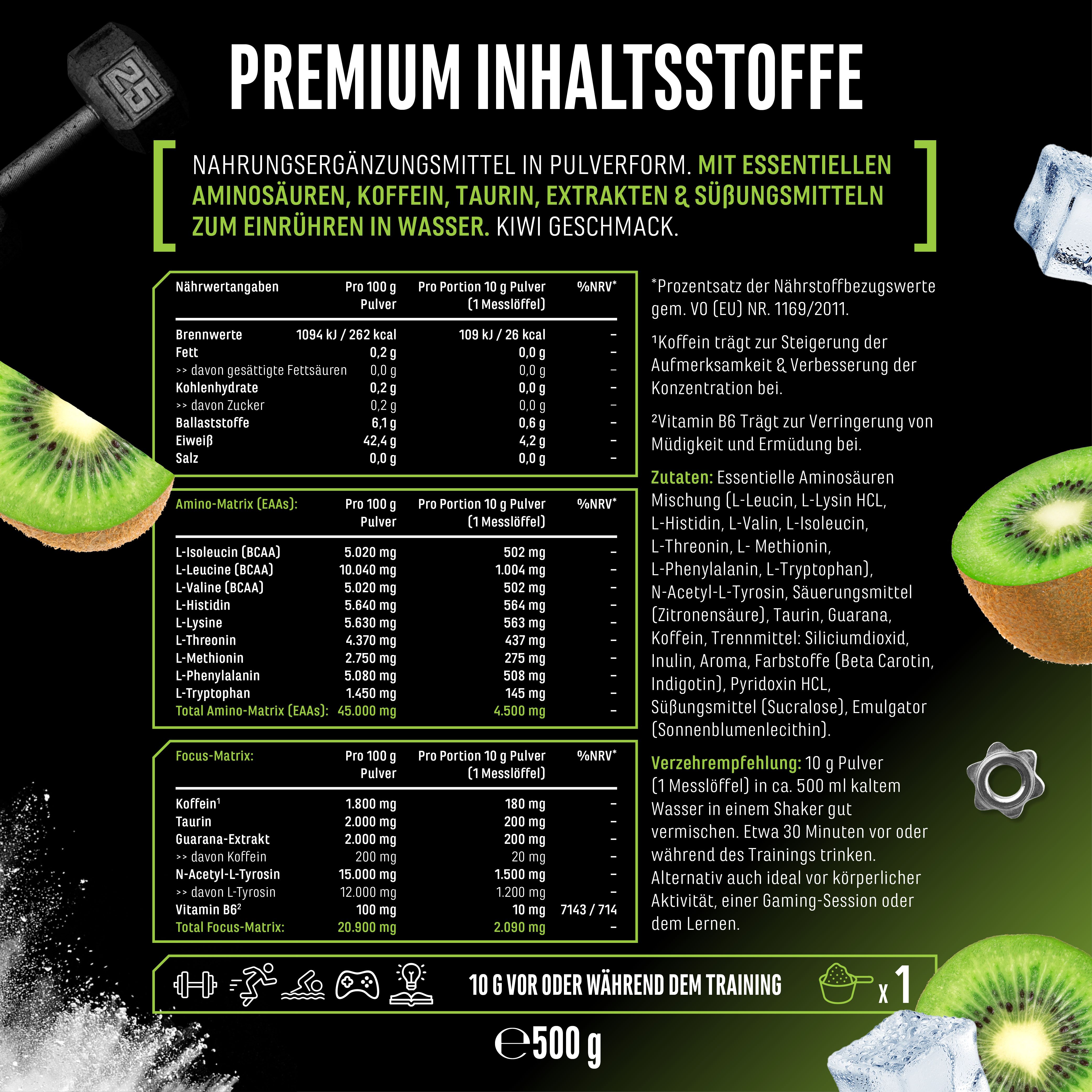 Infografik mit Energy EAA. Nährwertangaben, Aminosäuren, Koffein, Taurin, Extrakte. Kiwi-Geschmack. 500g. 10g pro Portion.