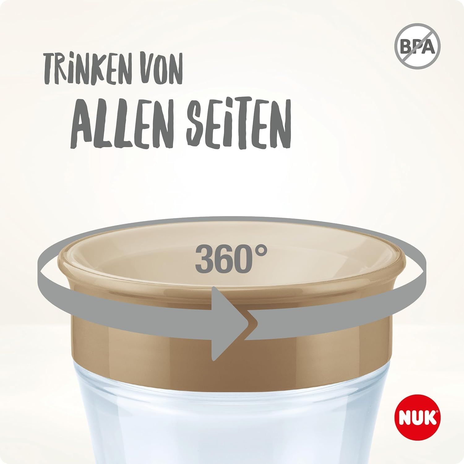 Trinkbecher mit braunem Deckel. 360° Trinkrand. BPA-frei. NUK Logo.