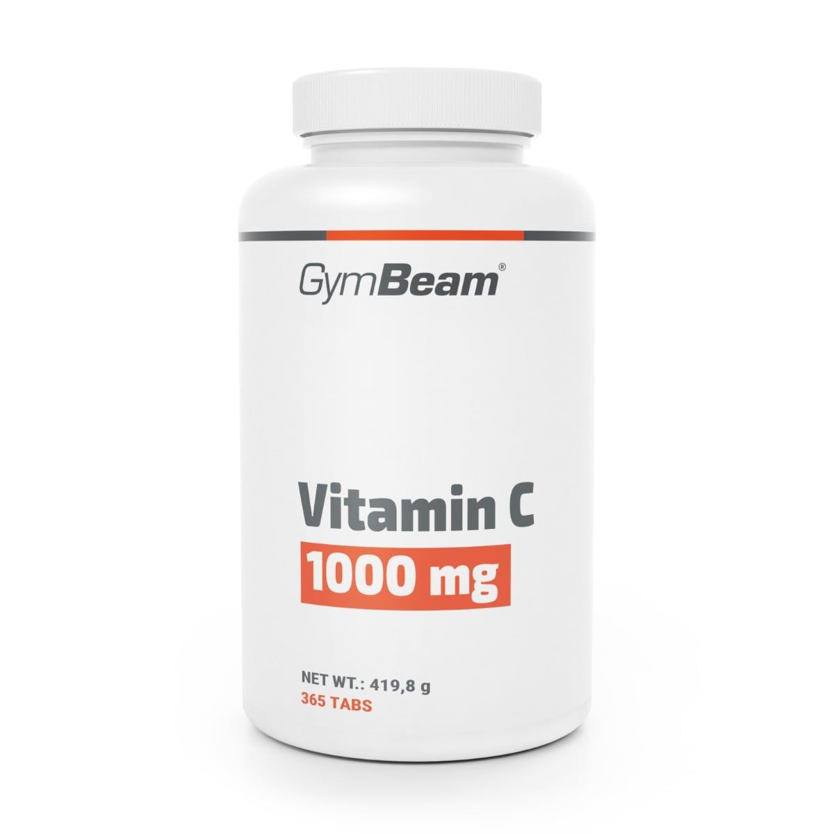 GymBeam Vitamin C 1000 mg Tabletten mit Hagebuttenextrakt. Weiße Dose mit orange-schwarzem Etikett.