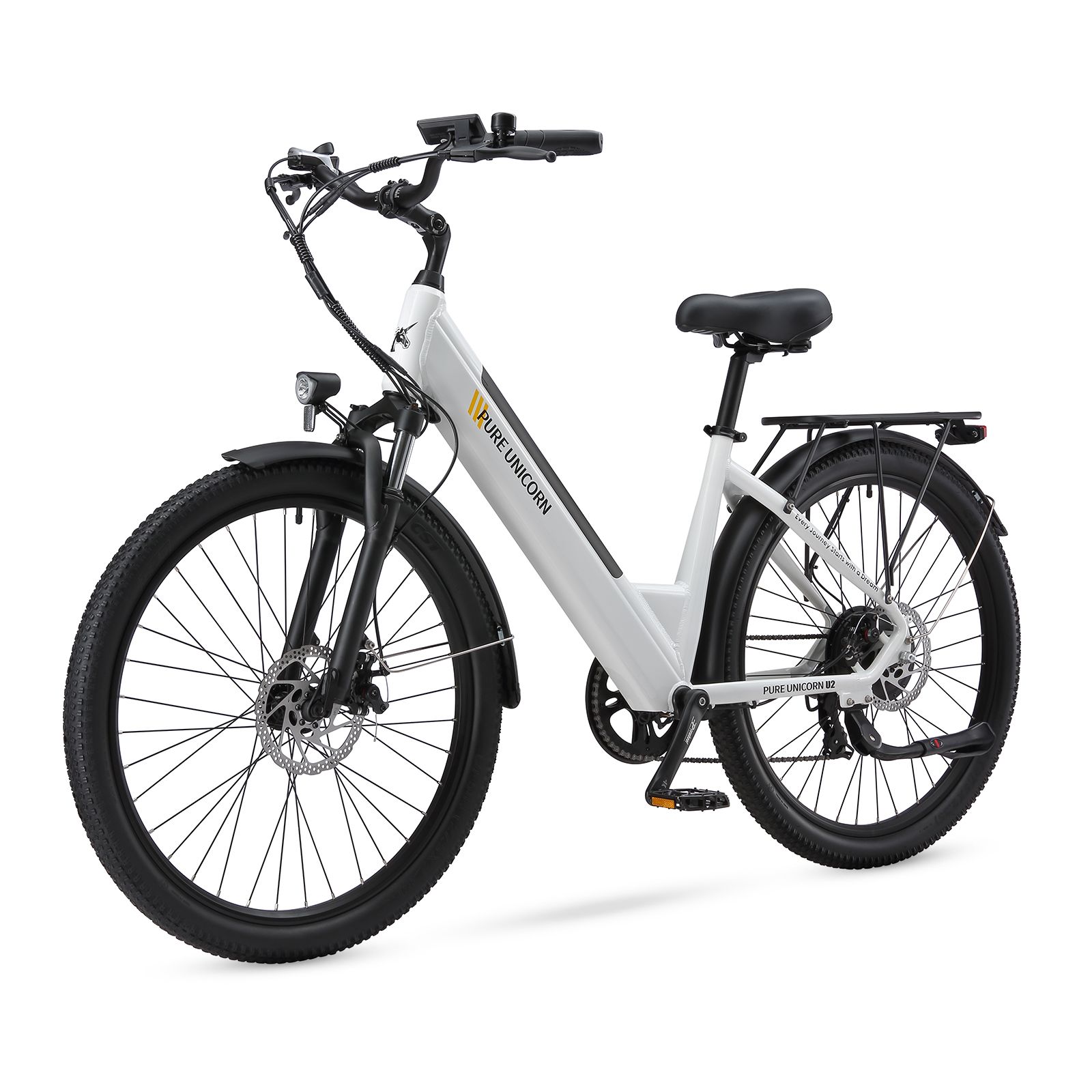 Weißes E-Bike mit schwarzen Reifen und Details. Marke: PURE UNICORN. Gepäckträger und Schutzbleche.