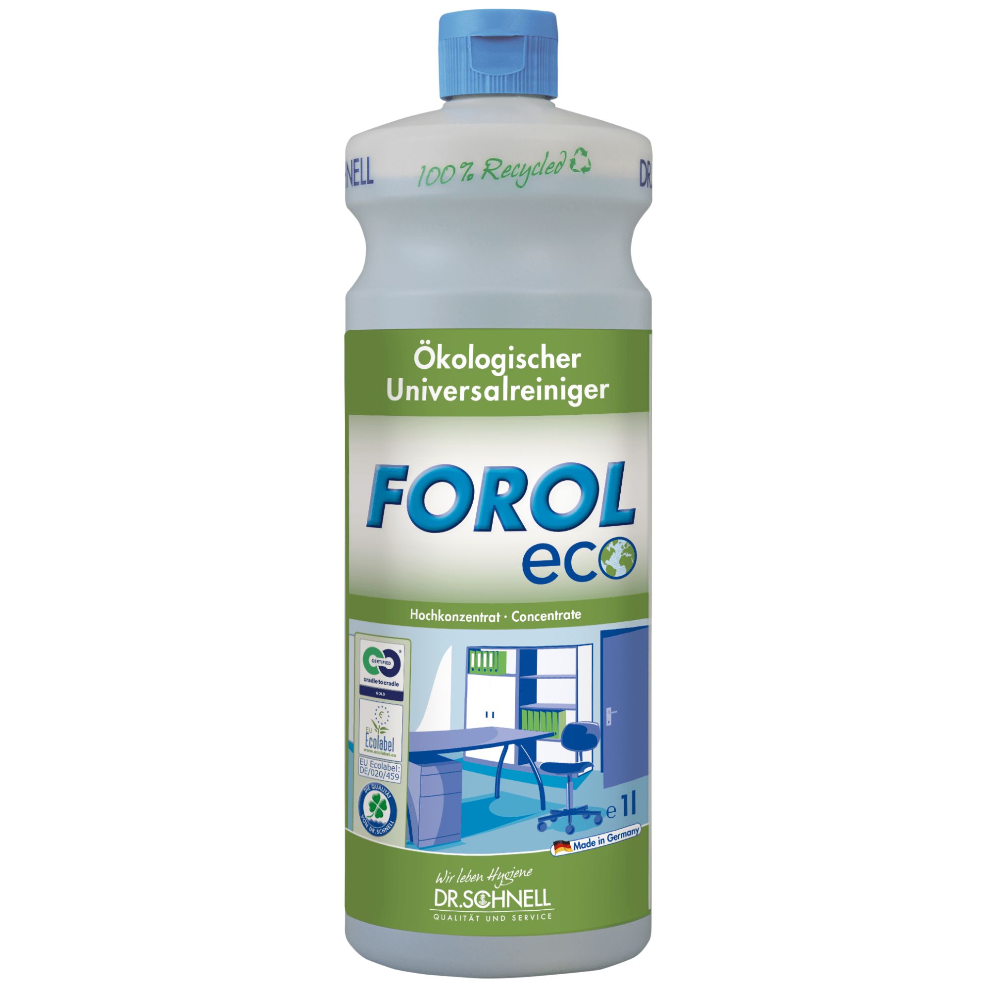 Flasche mit blauem Deckel. Aufschrift: FOROL eco, ökologischer Universalreiniger. Grün-weißes Etikett mit Zertifizierungen und Büroszene.