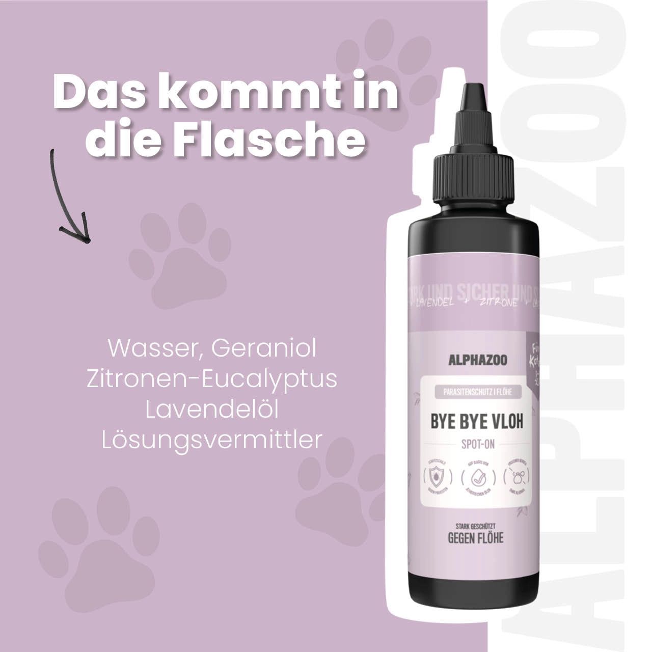 Flasche mit Inhaltsstoffen: Wasser, Geraniol, Zitronen-Eukalyptus, Lavendelöl, Lösungsmittel. Pfotenabdrücke.