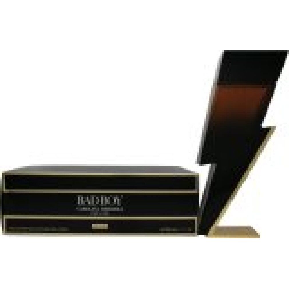 Schwarze Geschenkbox mit goldenen Streifen, daneben ein blitzförmiger Flakon mit braunem Parfüm.