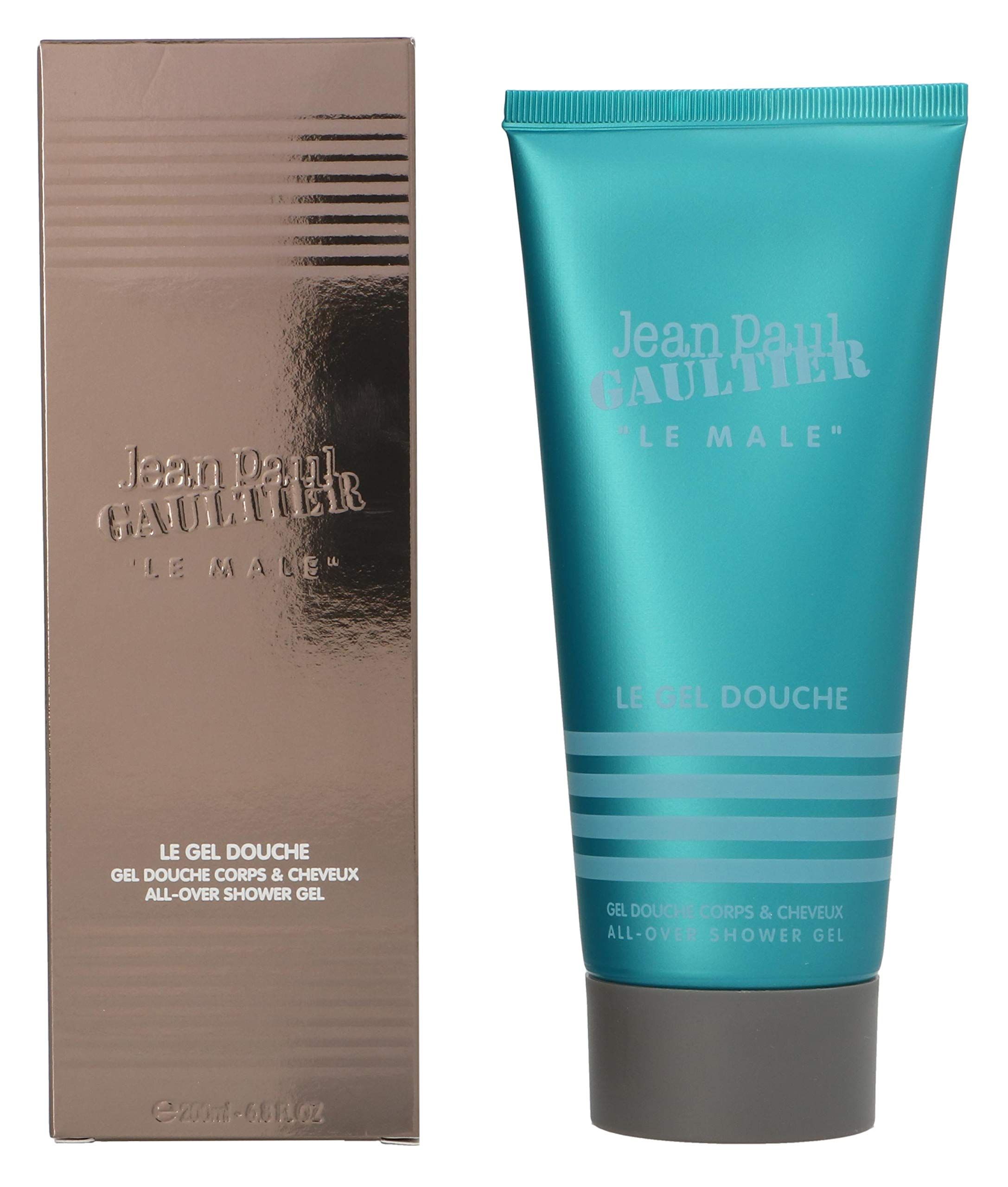 Produktverpackung mit Tube. Tube: Türkis, "Jean Paul Gaultier", "Le Male Le Gel Douche". Box: Braun, Schriftzug.