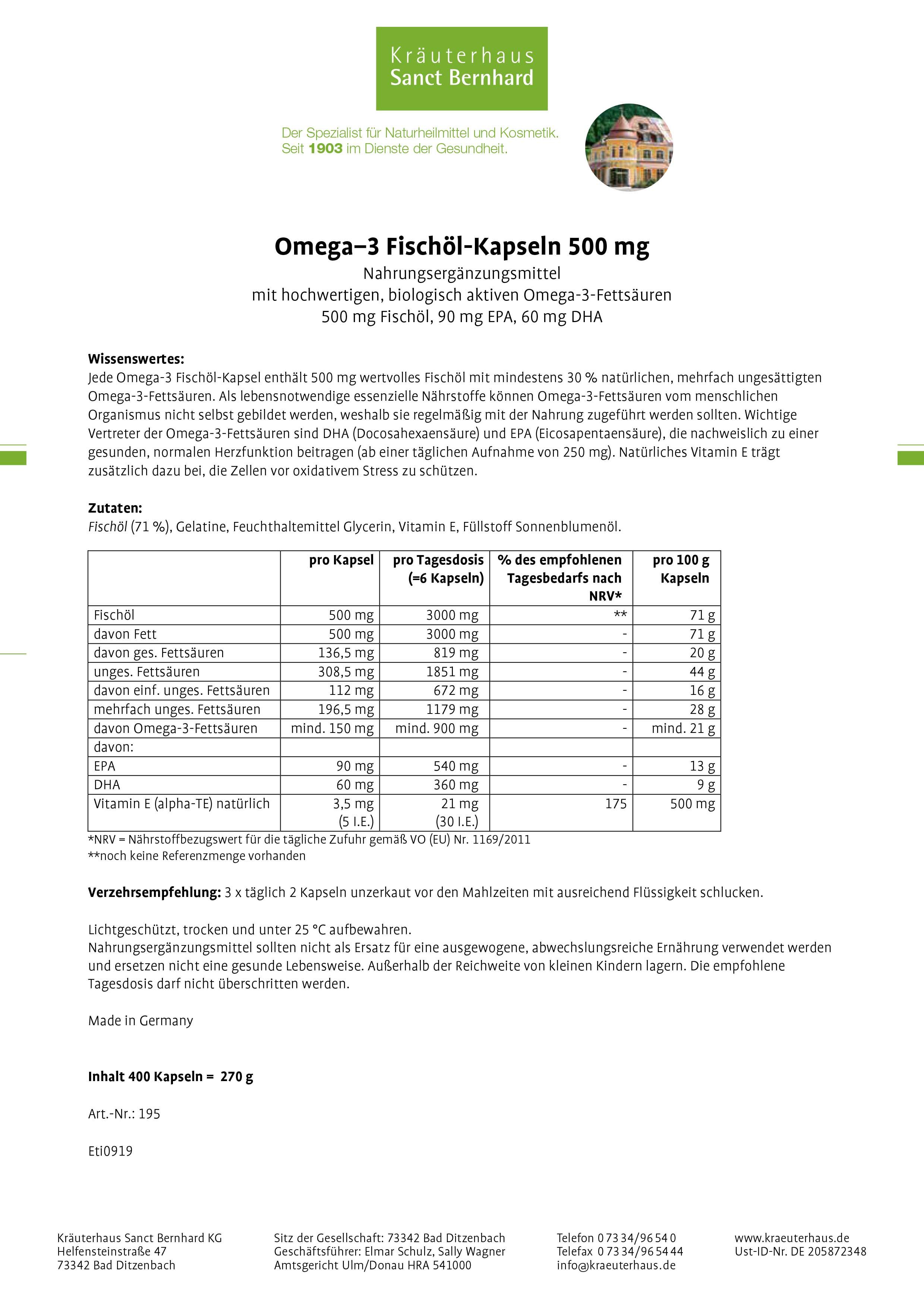 Sanct Bernhard Omega-3-Fischöl-Kapseln 500 mg