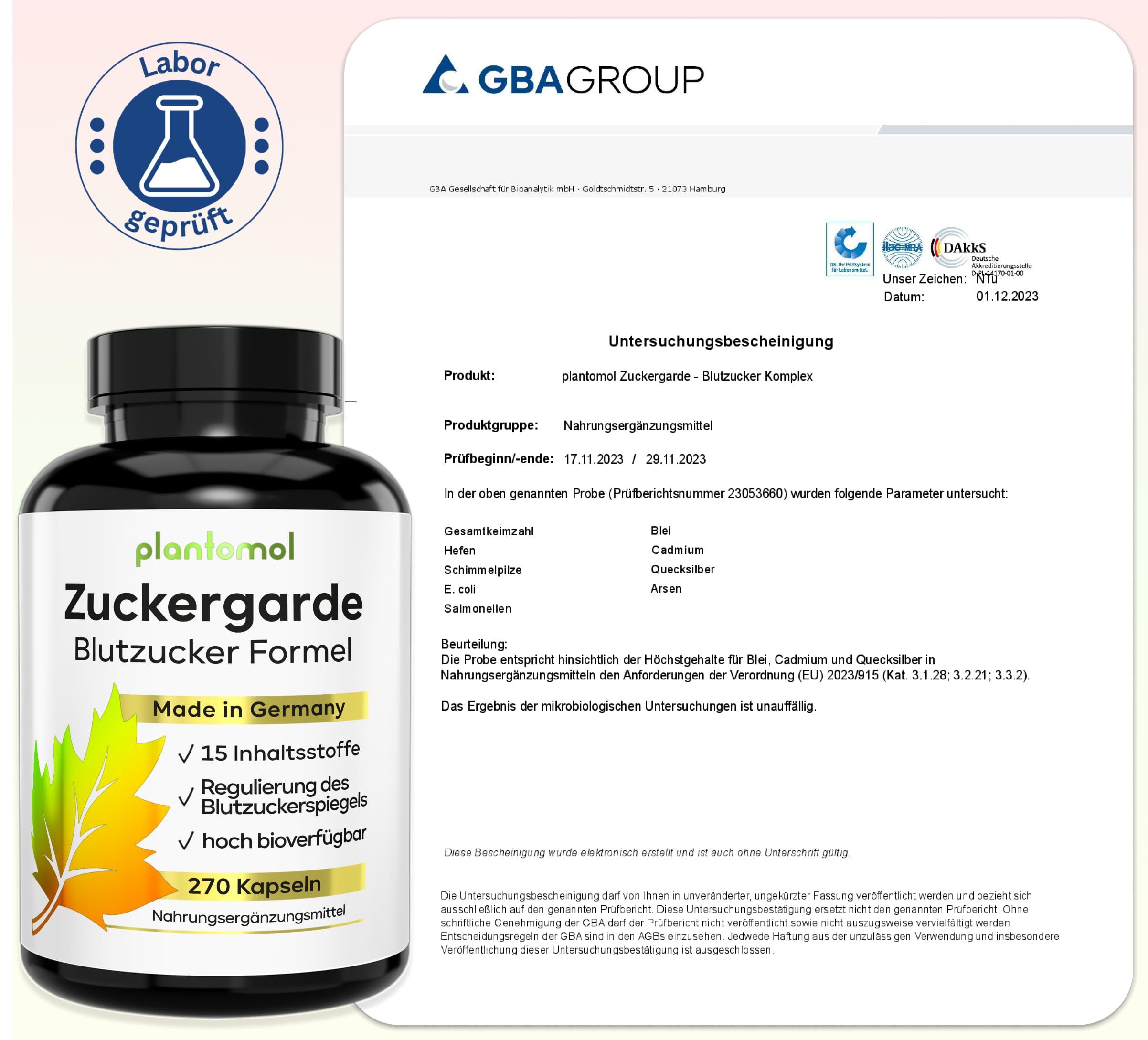 Braune Kapsel-Dose mit schwarzem Deckel. Aufschrift: Zuckergarde Blutzucker Formel. 270 Kapseln. Labor geprüft. GBA Group Zertifikat.