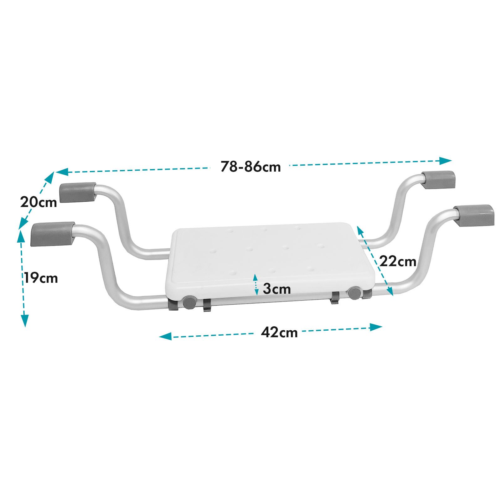 Badewannensitz mit weißen Sitzfläche und silbernen Rahmen. Maße: 78-86cm breit, 42cm tief, 20cm hoch. Graue Griffe.