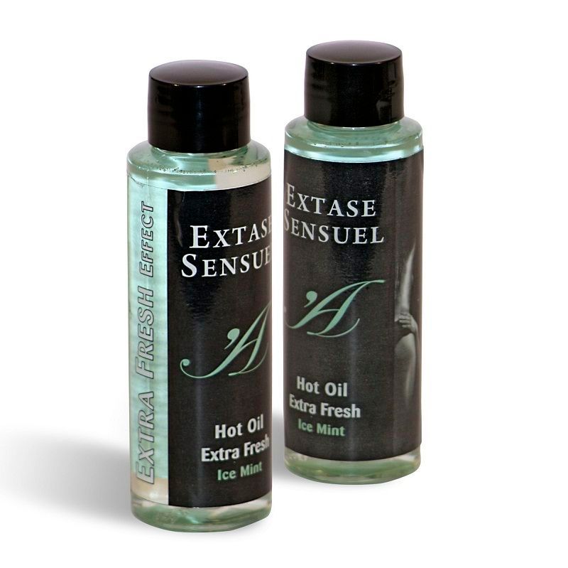 Zwei Flaschen "Extase Sensuel Hot Oil Extra Fresh Ice Mint". Eine Flasche mit "Extra Fresh Effect".